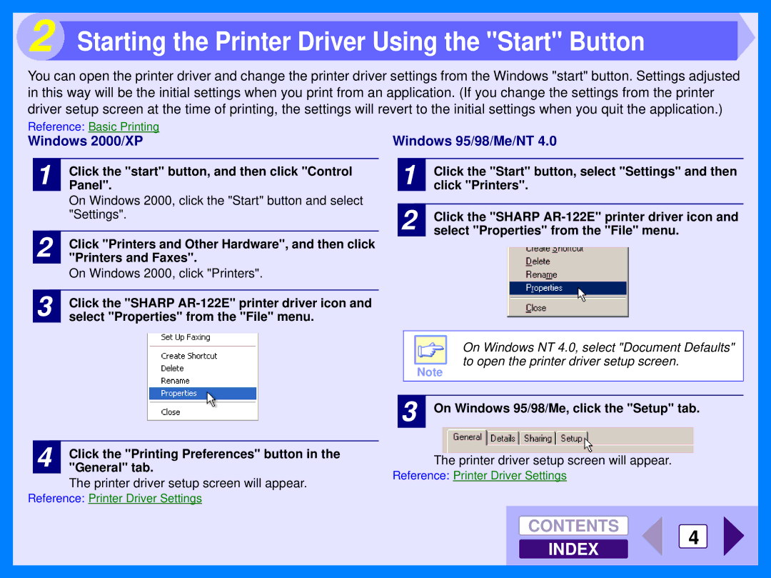 Sharp AR-122E manual Starting the Printer Driver Using the Start Button, Windows 2000/XP, Windows 95/98/Me/NT 