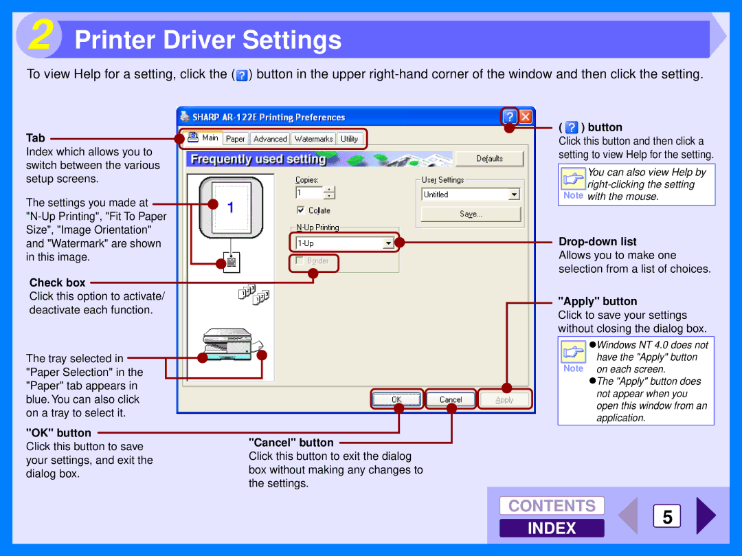 Sharp AR-122E manual Printer Driver Settings, Tab 