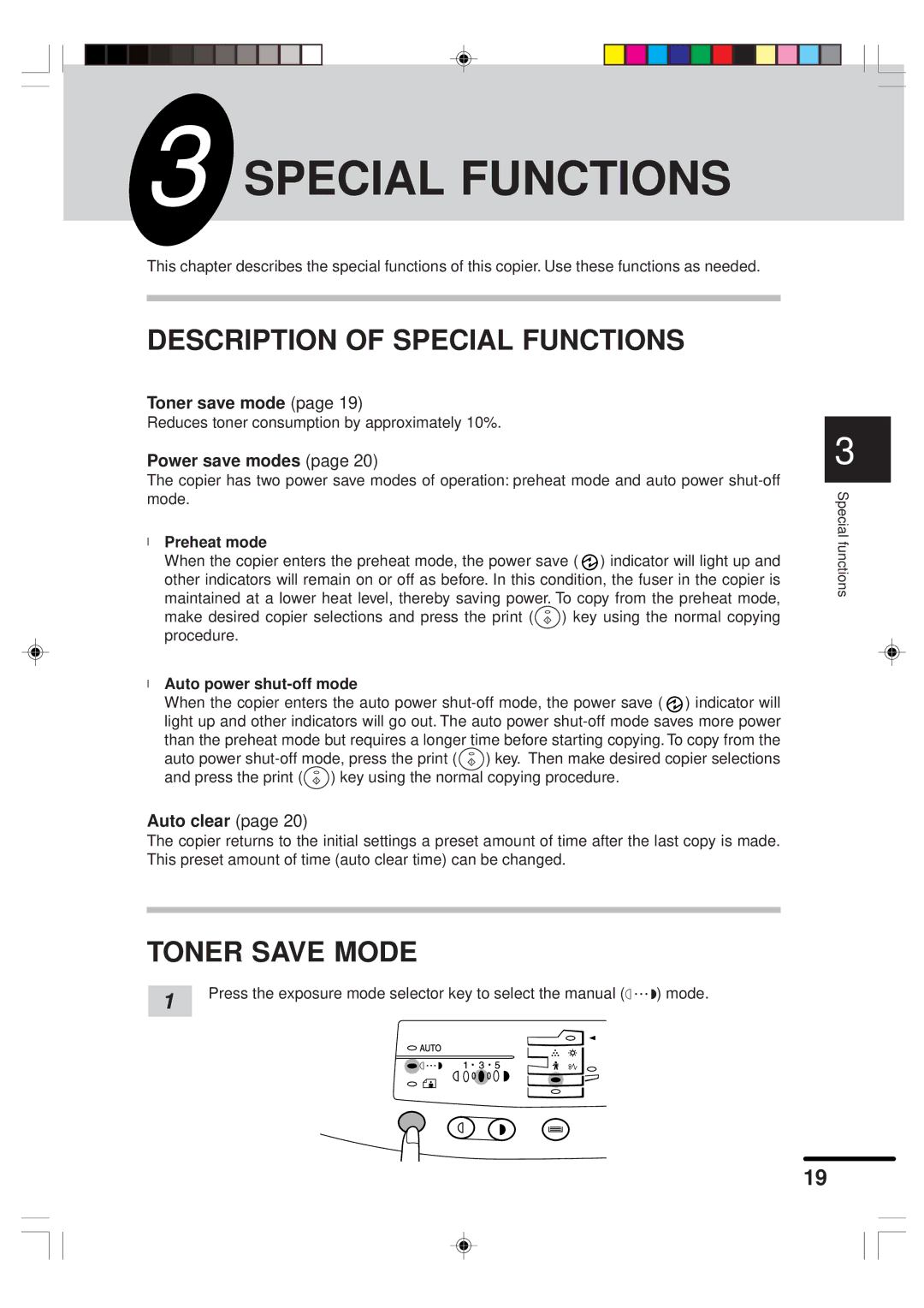 Sharp AR-151 operation manual Description of Special Functions, Toner Save Mode, Preheat mode, Auto power shut-off mode 