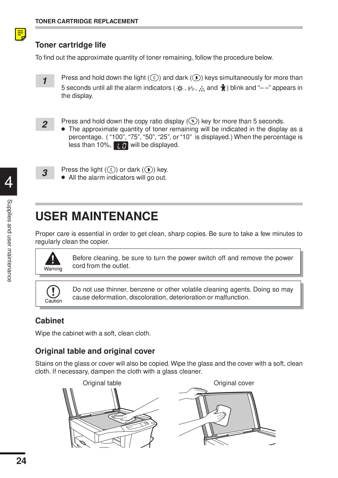 Sharp AR-151 operation manual User Maintenance, Toner cartridge life, Cabinet, Original table and original cover 