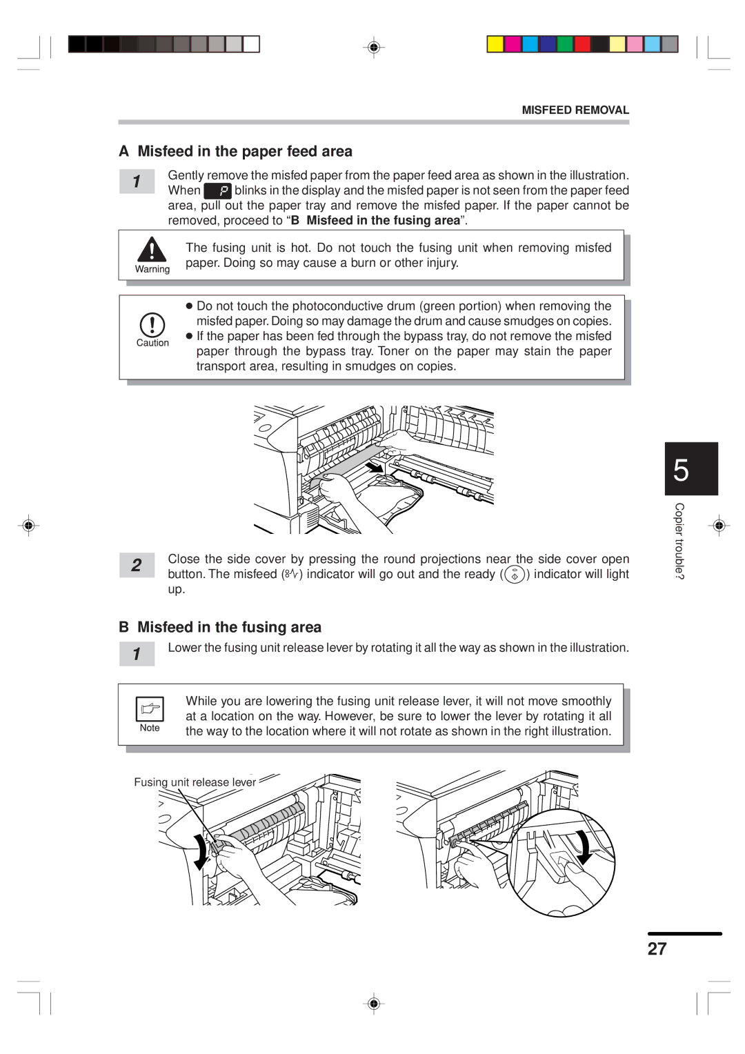 Sharp AR-151 operation manual Misfeed in the paper feed area, Misfeed in the fusing area 