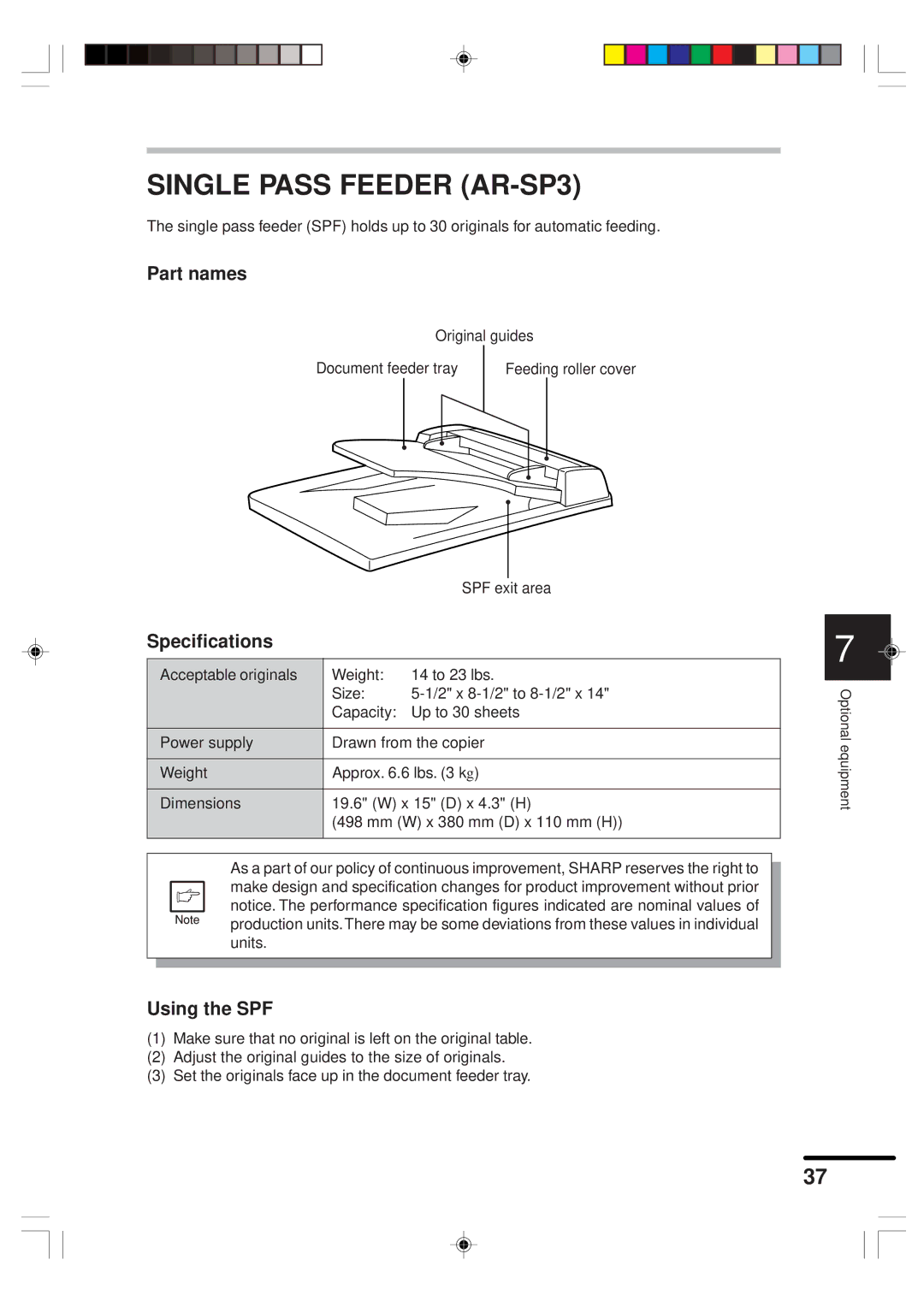 Sharp AR-151 operation manual Single Pass Feeder AR-SP3, Part names, Specifications, Using the SPF 