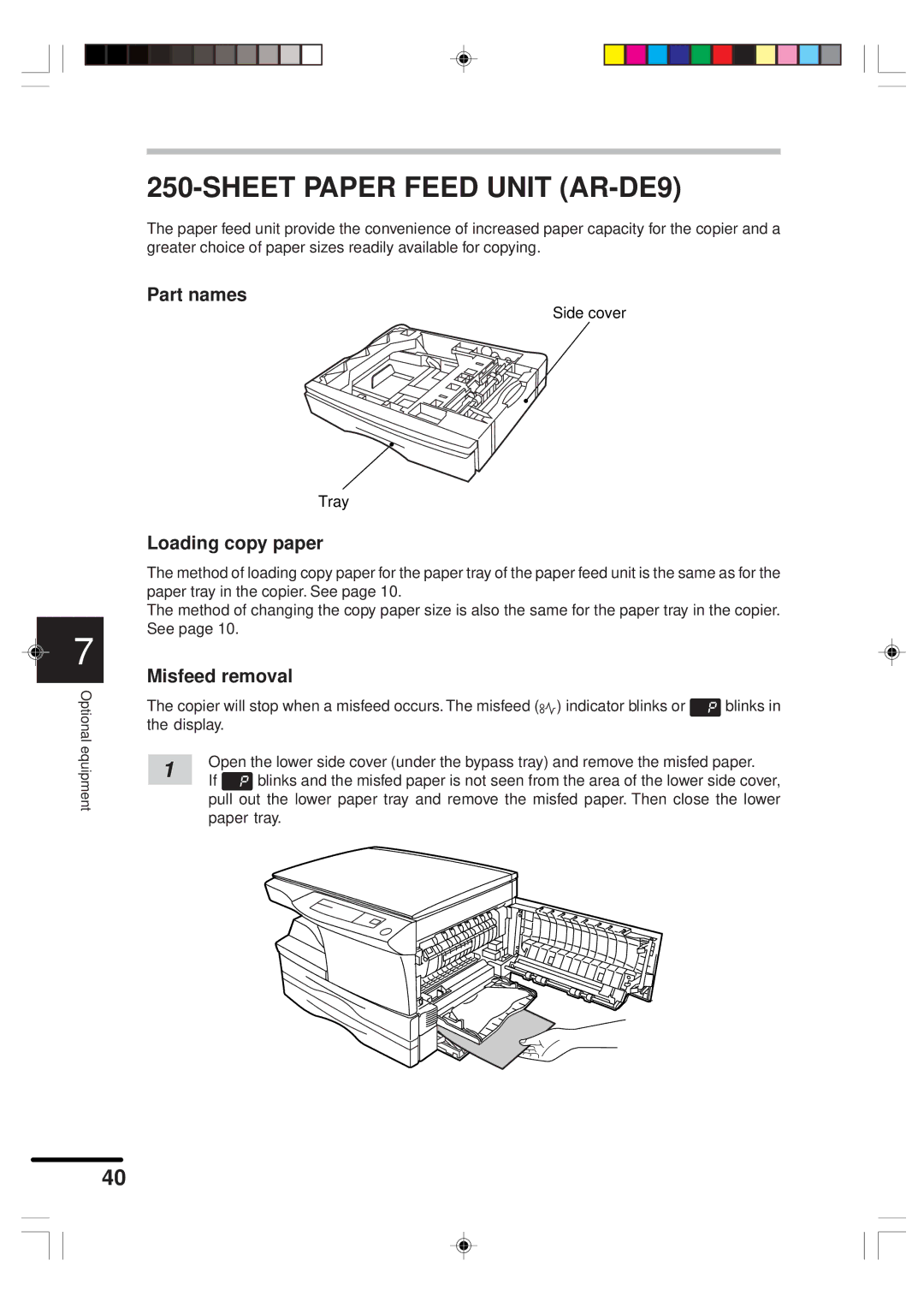 Sharp AR-151 operation manual Sheet Paper Feed Unit AR-DE9, Loading copy paper, Misfeed removal 