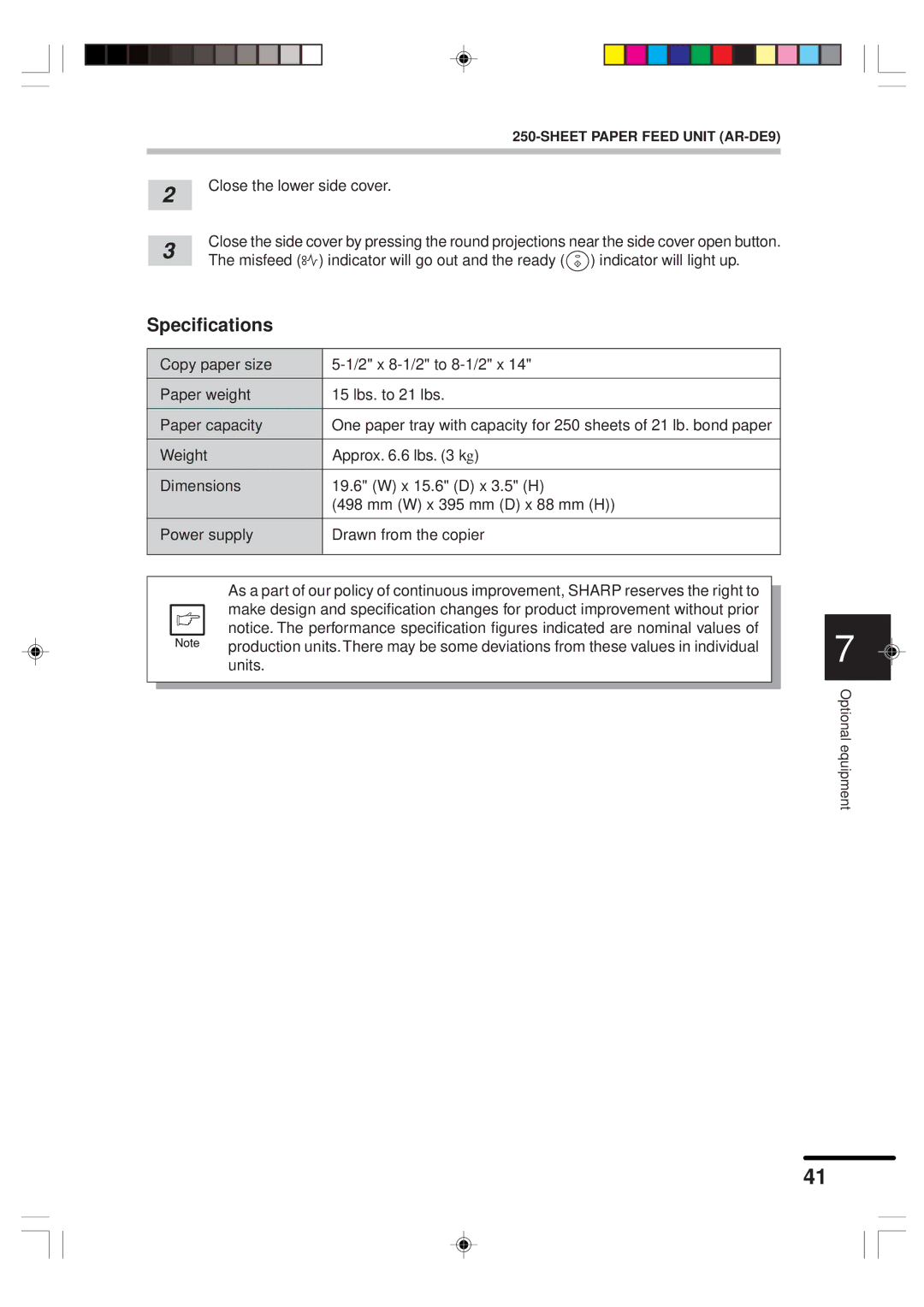 Sharp AR-151 operation manual Sheet Paper Feed Unit AR-DE9 