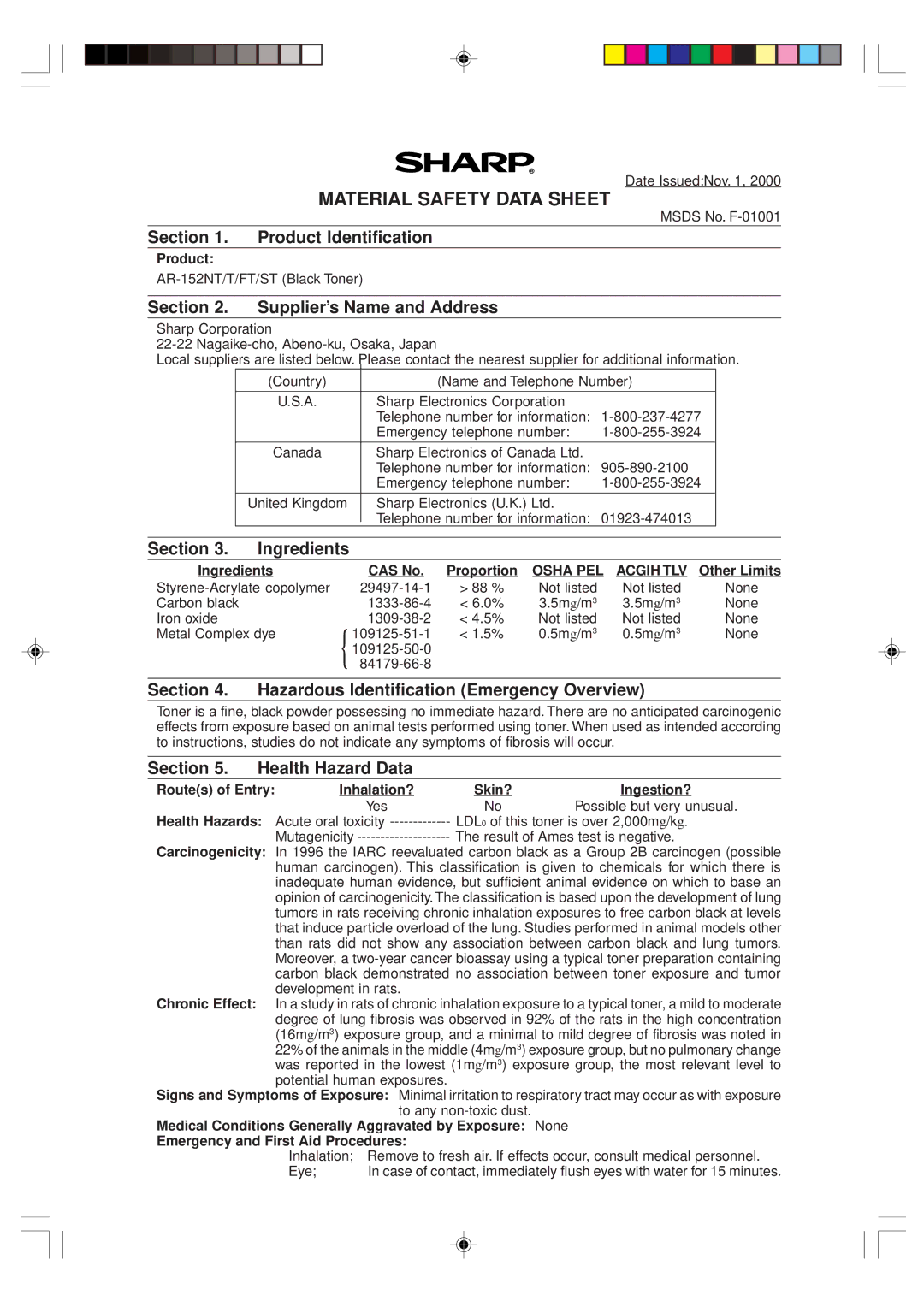 Sharp AR-151 operation manual Material Safety Data Sheet 