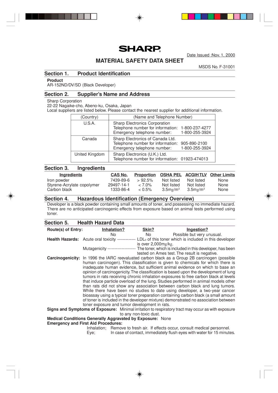 Sharp AR-151 operation manual Osha PEL Acgih TLV 