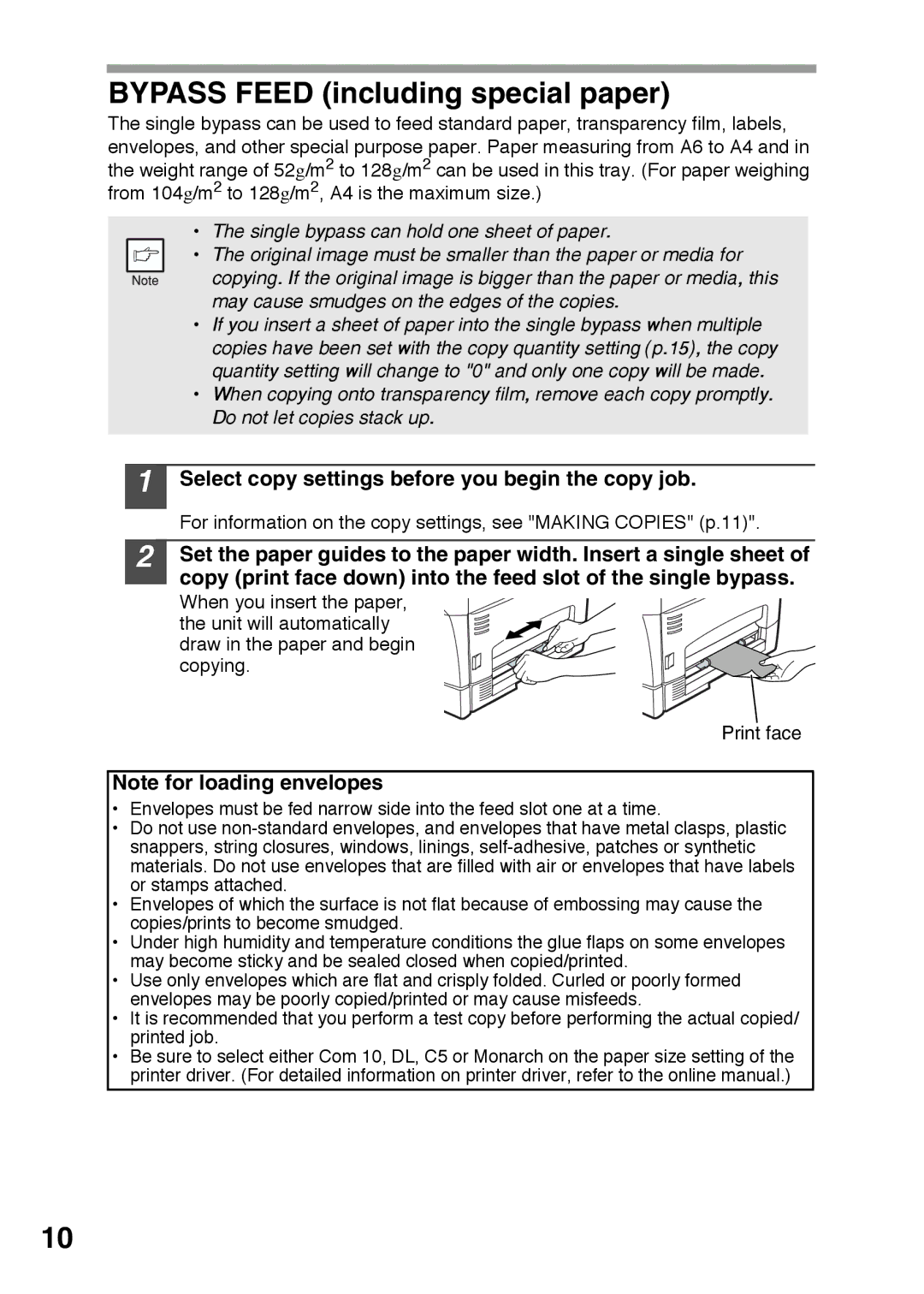 Sharp AR-152E, AR-122E Bypass Feed including special paper, Select copy settings before you begin the copy job 