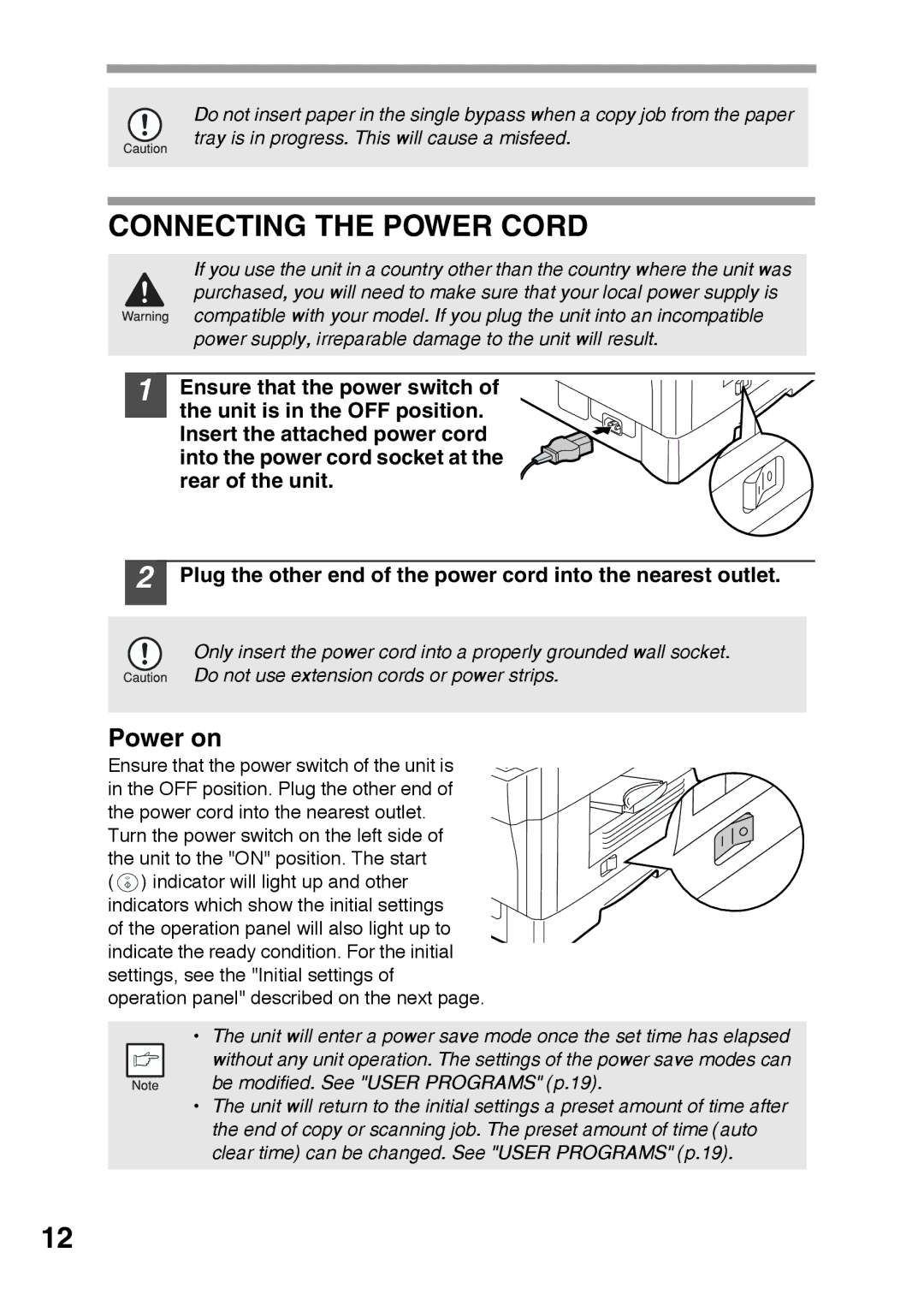 Sharp AR-152E, AR-122E operation manual Connecting the Power Cord, Power on 