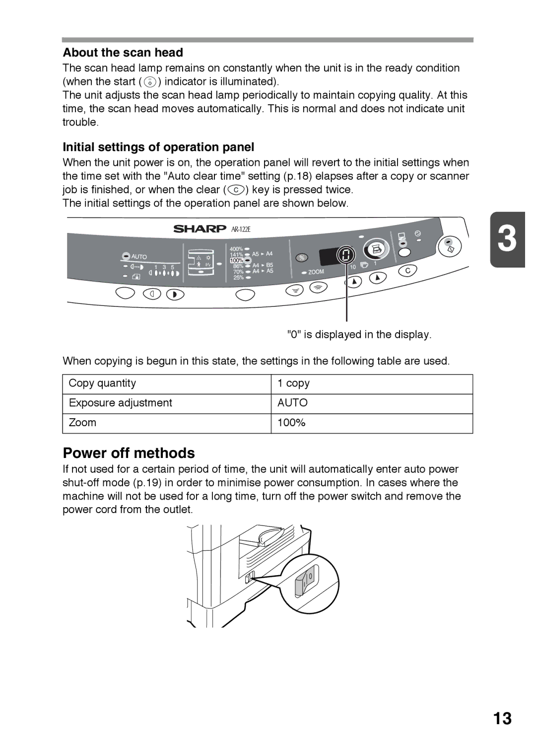 Sharp AR-122E, AR-152E operation manual Power off methods, About the scan head, Initial settings of operation panel 