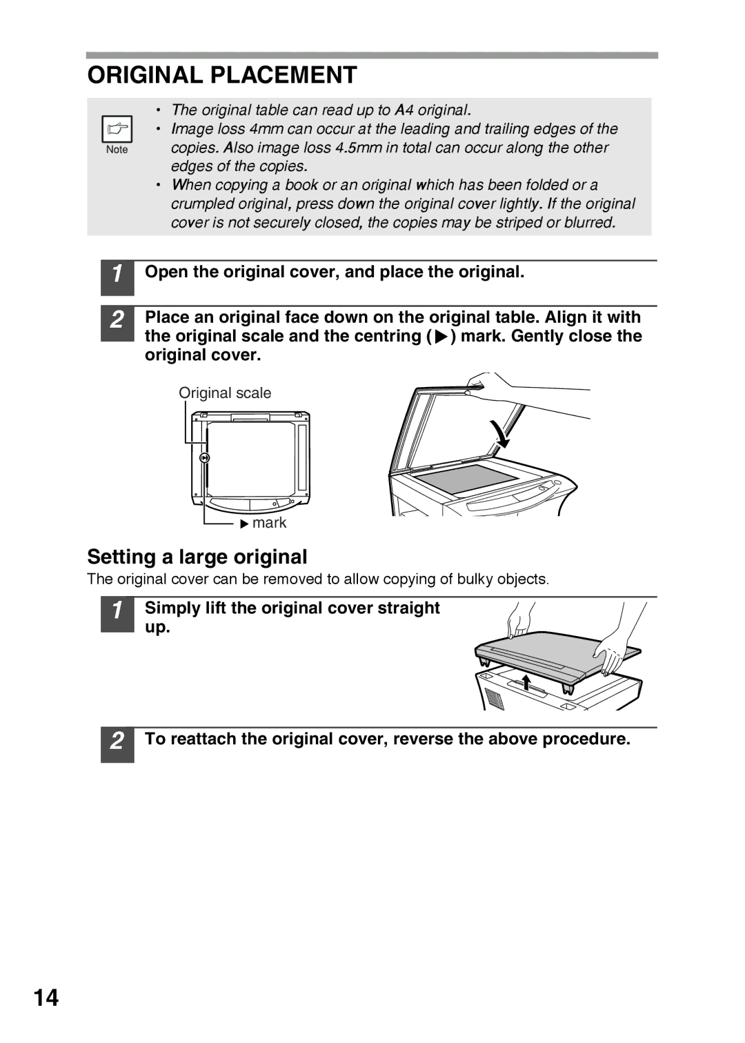 Sharp AR-152E, AR-122E operation manual Original Placement, Setting a large original 