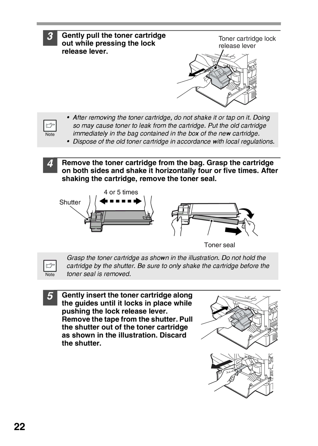 Sharp AR-152E, AR-122E operation manual Gently pull the toner cartridge, Out while pressing the lock, Release lever 