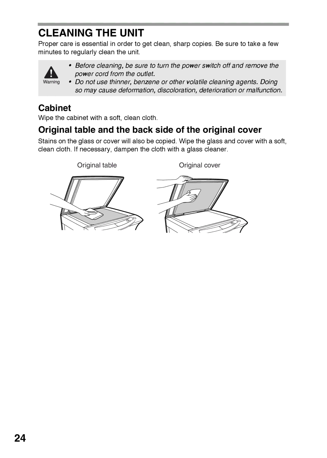 Sharp AR-152E, AR-122E operation manual Cleaning the Unit, Cabinet, Original table and the back side of the original cover 