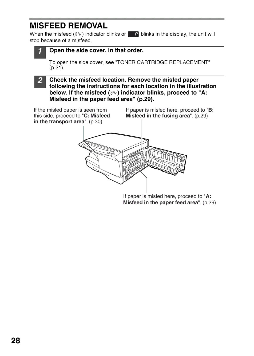 Sharp AR-152E, AR-122E operation manual Misfeed Removal, Open the side cover, in that order 