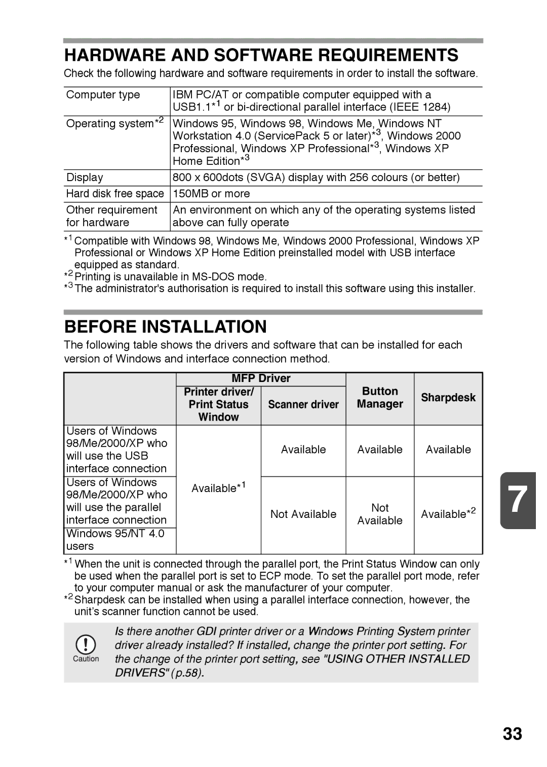 Sharp AR-122E, AR-152E operation manual Hardware and Software Requirements, Before Installation, MFP Driver Button 