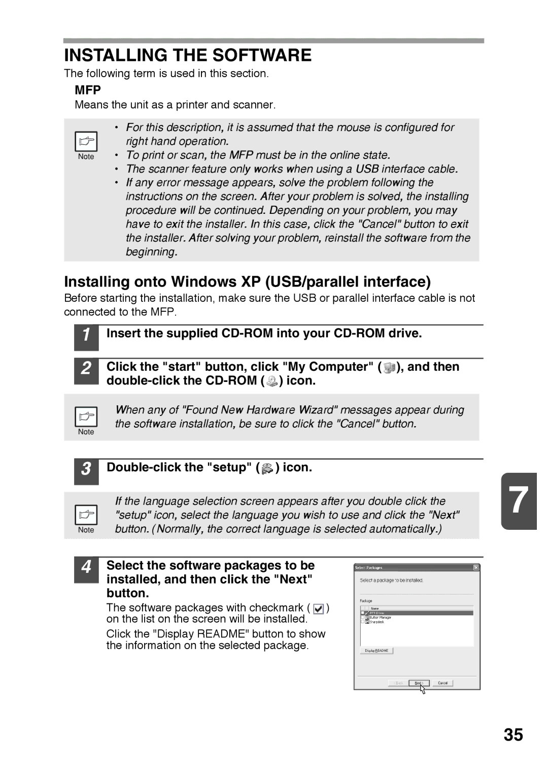 Sharp AR-122E Installing the Software, Installing onto Windows XP USB/parallel interface, Double-click the setup icon 