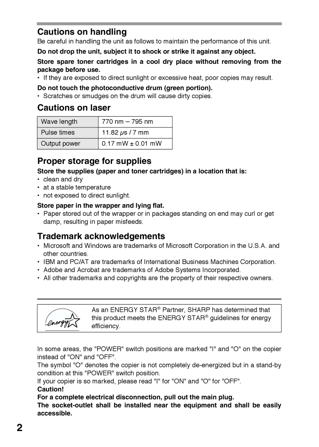 Sharp AR-152E Proper storage for supplies, Trademark acknowledgements, Do not touch the photoconductive drum green portion 