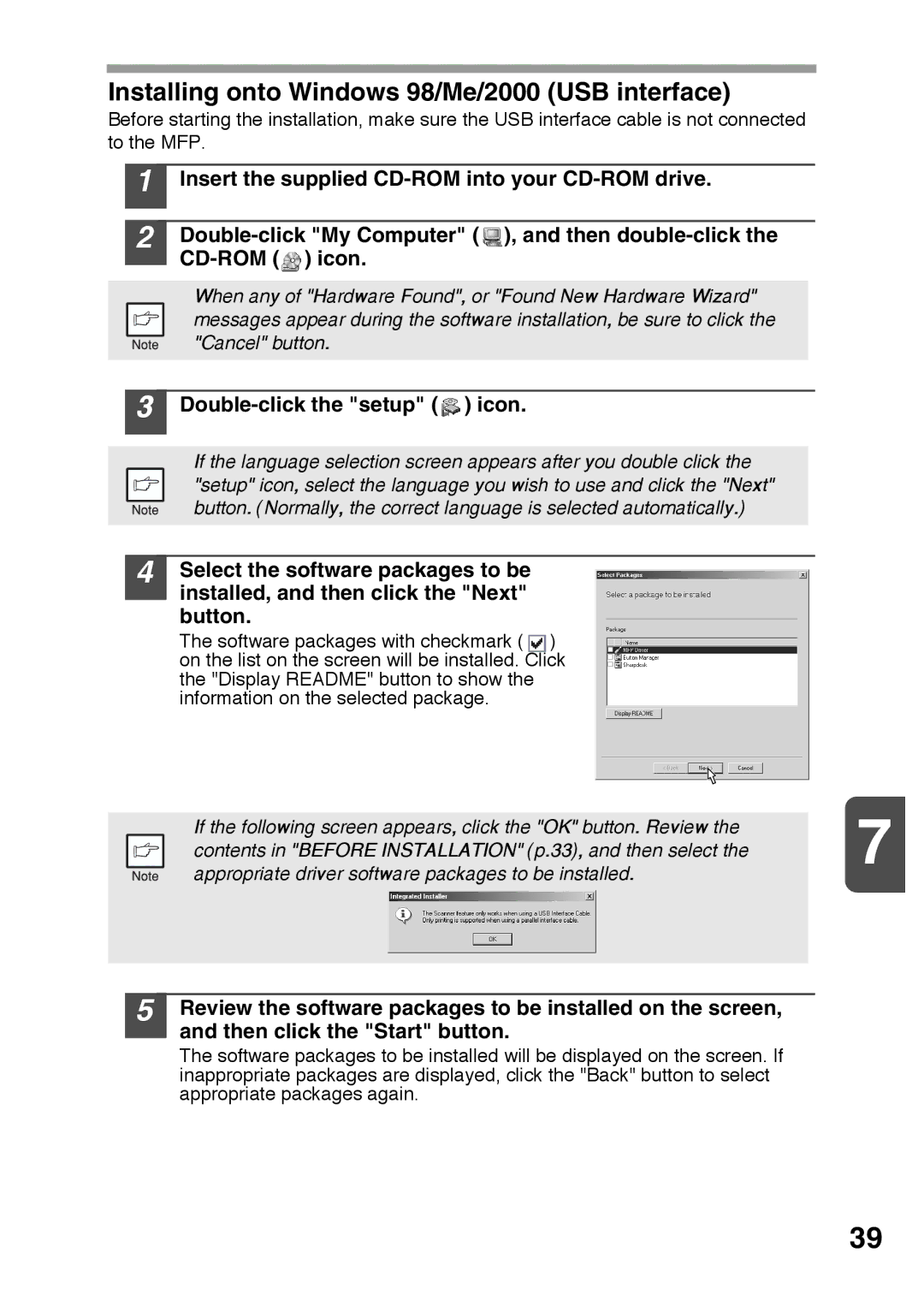 Sharp AR-122E, AR-152E operation manual Installing onto Windows 98/Me/2000 USB interface, Double-click the setup icon 