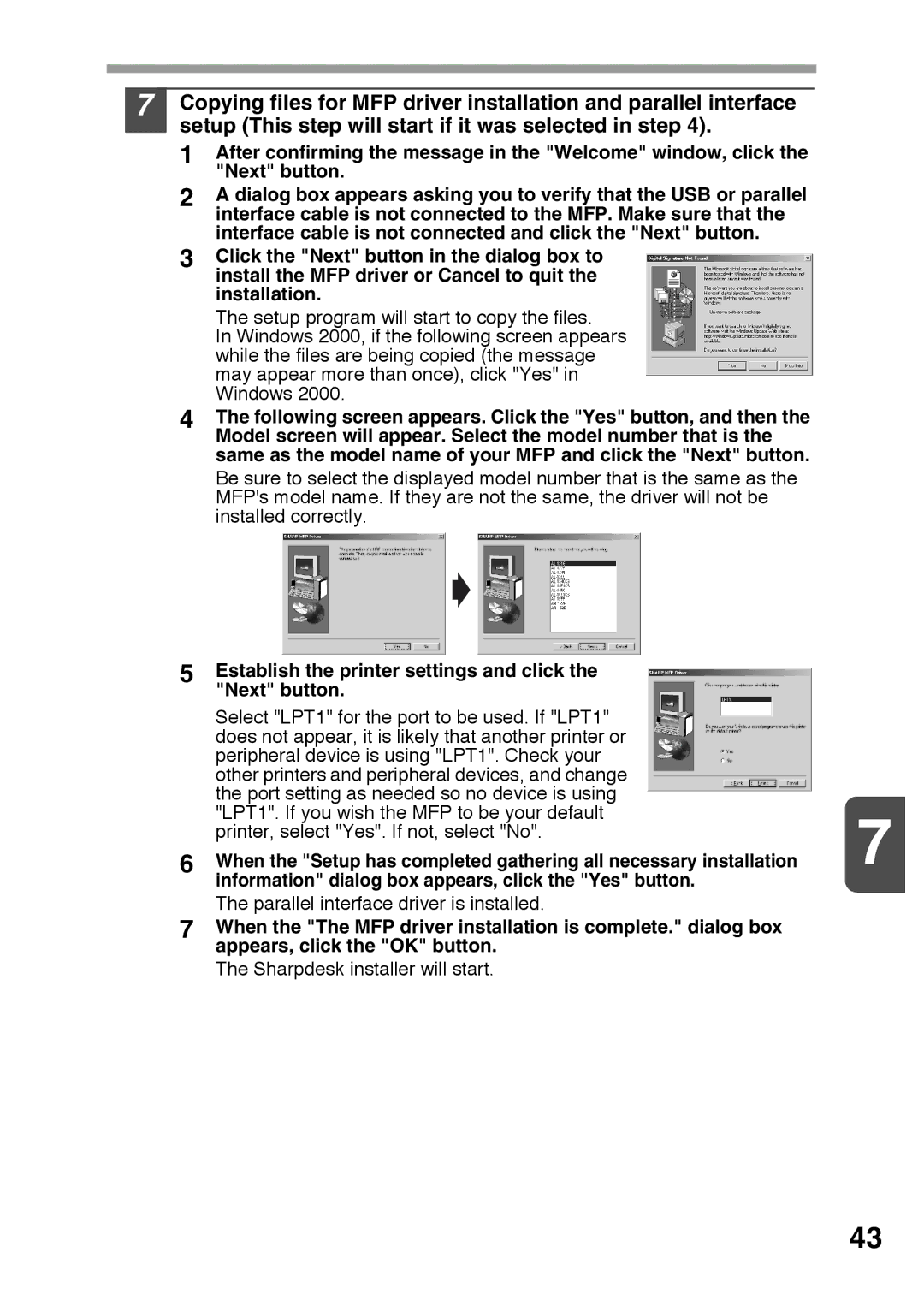 Sharp AR-122E, AR-152E operation manual Establish the printer settings and click the Next button 