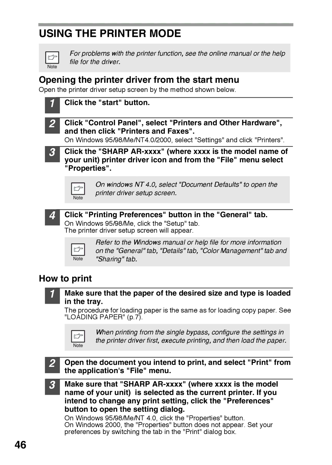 Sharp AR-152E, AR-122E operation manual Using the Printer Mode, Opening the printer driver from the start menu, How to print 