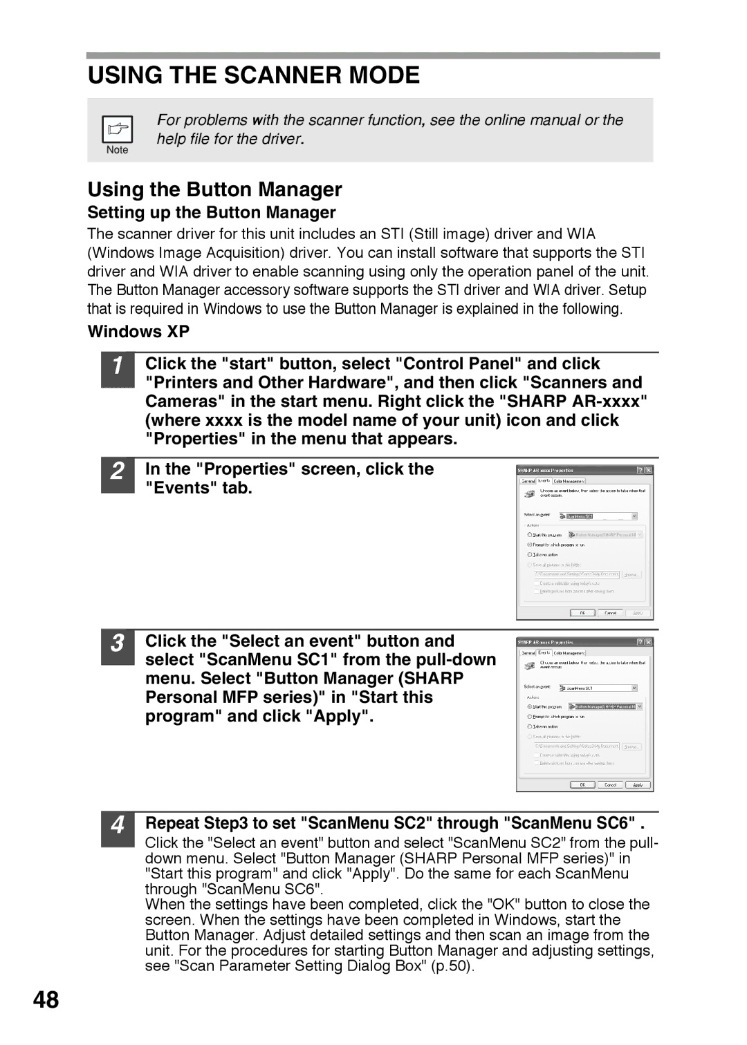 Sharp AR-152E, AR-122E operation manual Using the Scanner Mode, Using the Button Manager, Setting up the Button Manager 