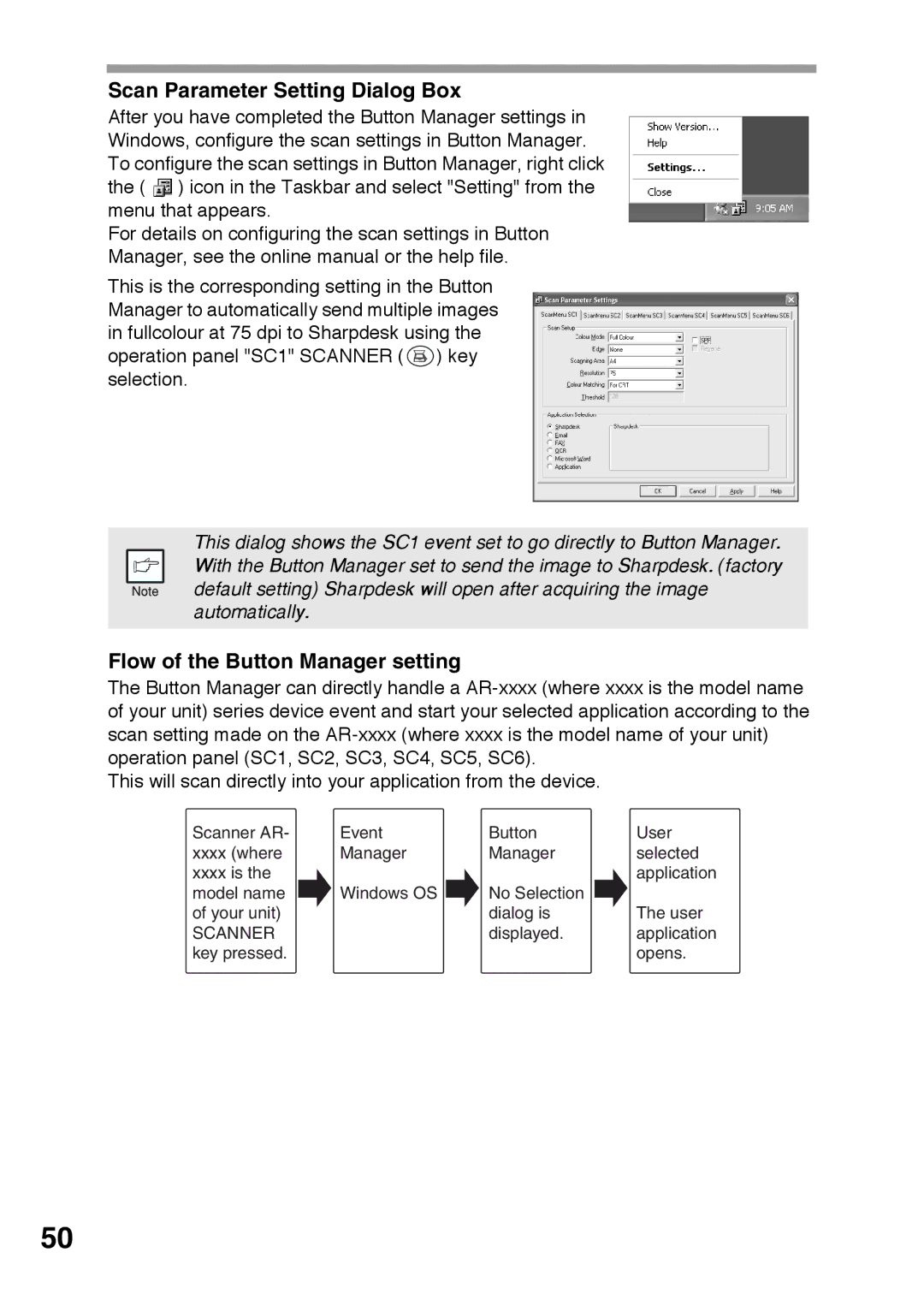 Sharp AR-152E, AR-122E operation manual Scan Parameter Setting Dialog Box, Flow of the Button Manager setting 