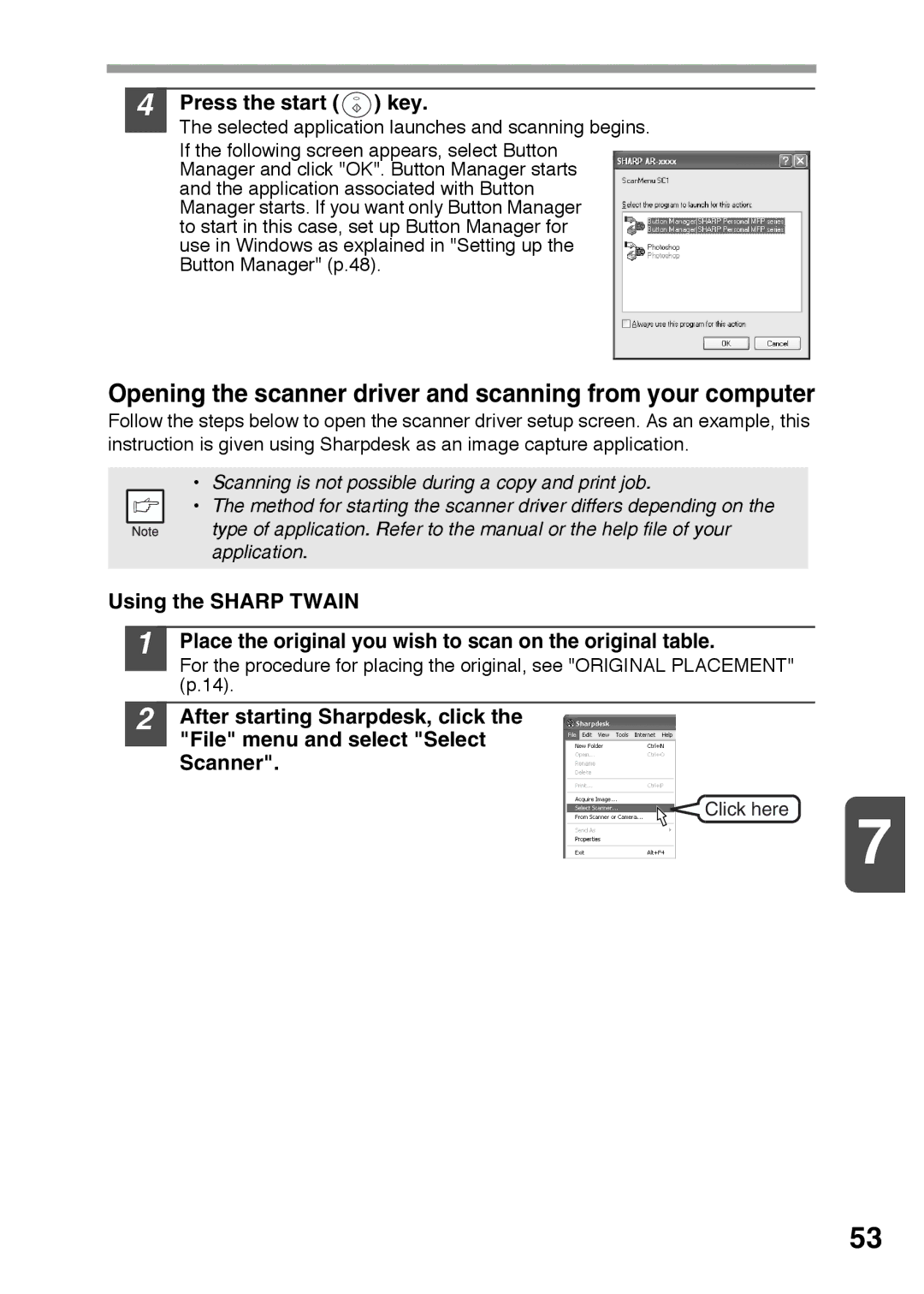 Sharp AR-122E, AR-152E operation manual Opening the scanner driver and scanning from your computer, Press the start key 