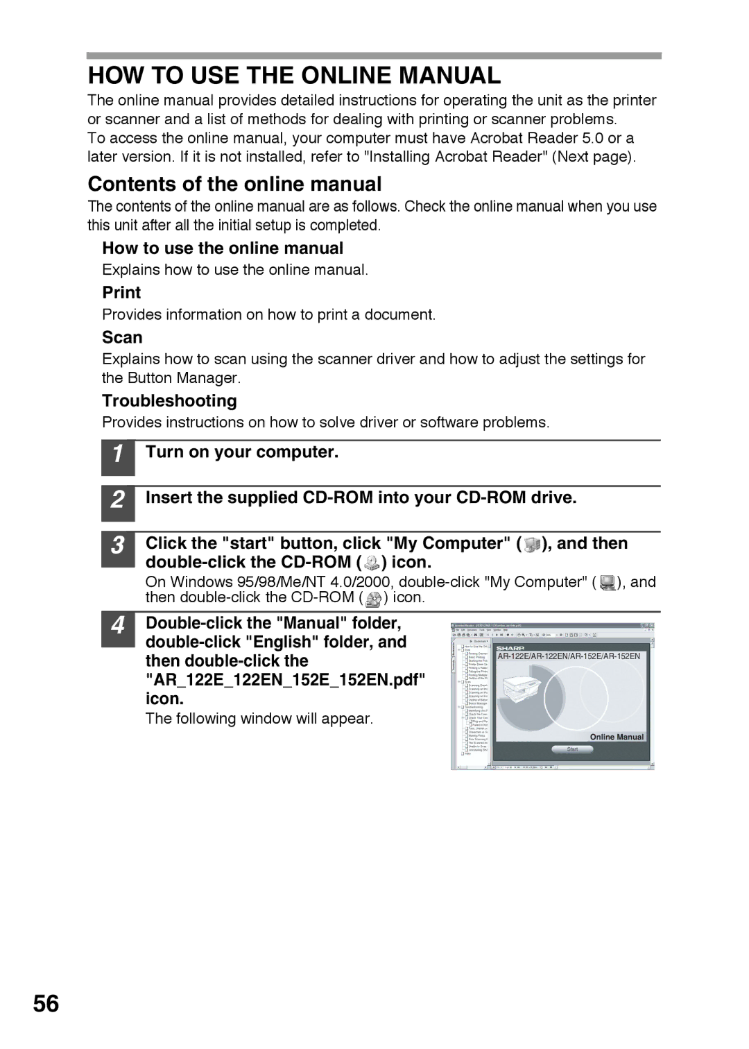 Sharp AR-152E, AR-122E operation manual HOW to USE the Online Manual, Contents of the online manual 