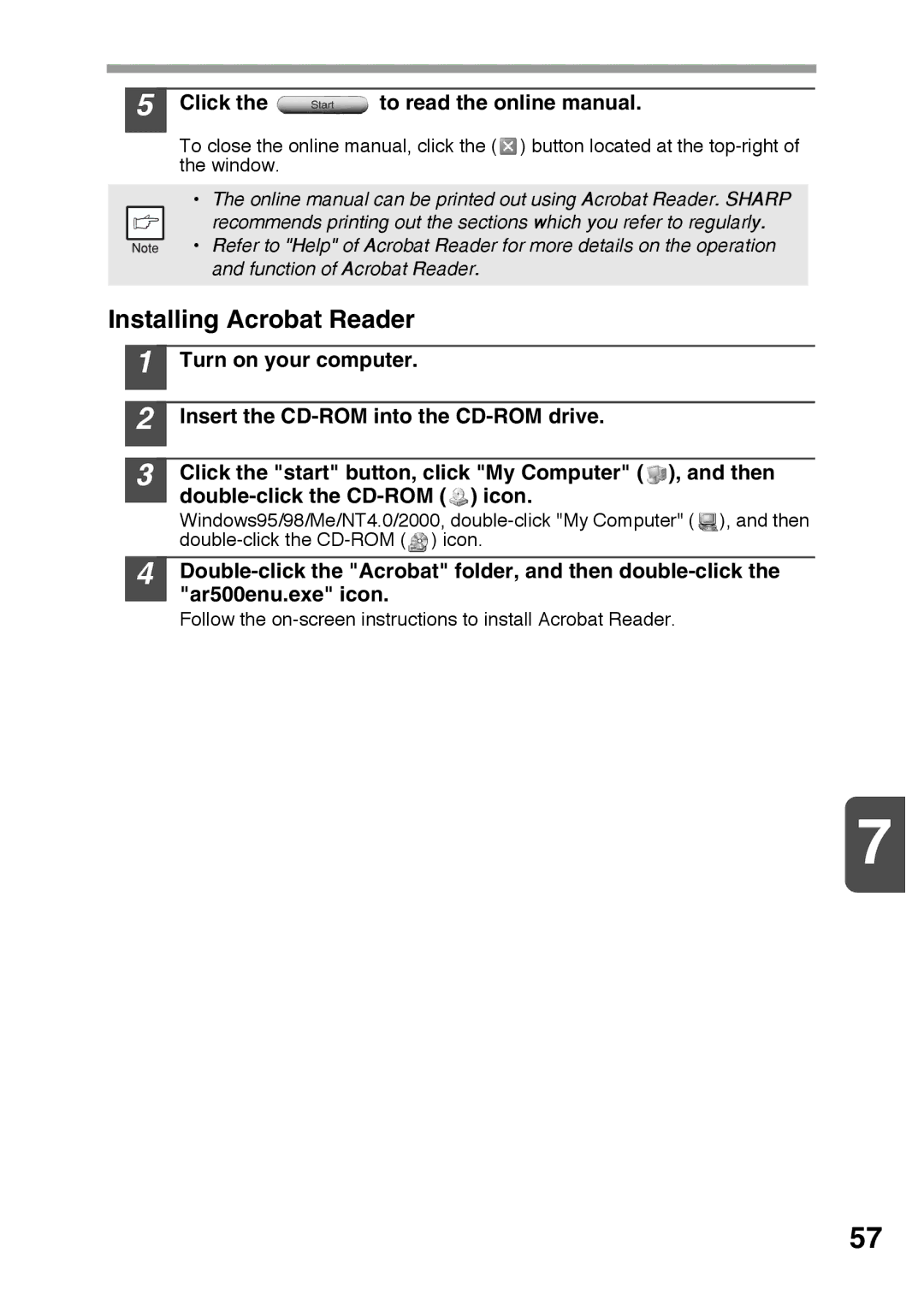 Sharp AR-122E, AR-152E operation manual Installing Acrobat Reader, Click the to read the online manual 