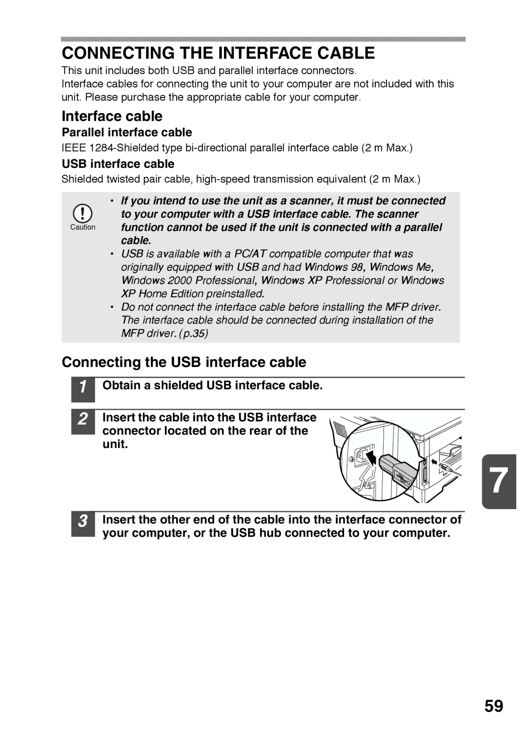 Sharp AR-122E, AR-152E operation manual Connecting the Interface Cable, Interface cable, Connecting the USB interface cable 