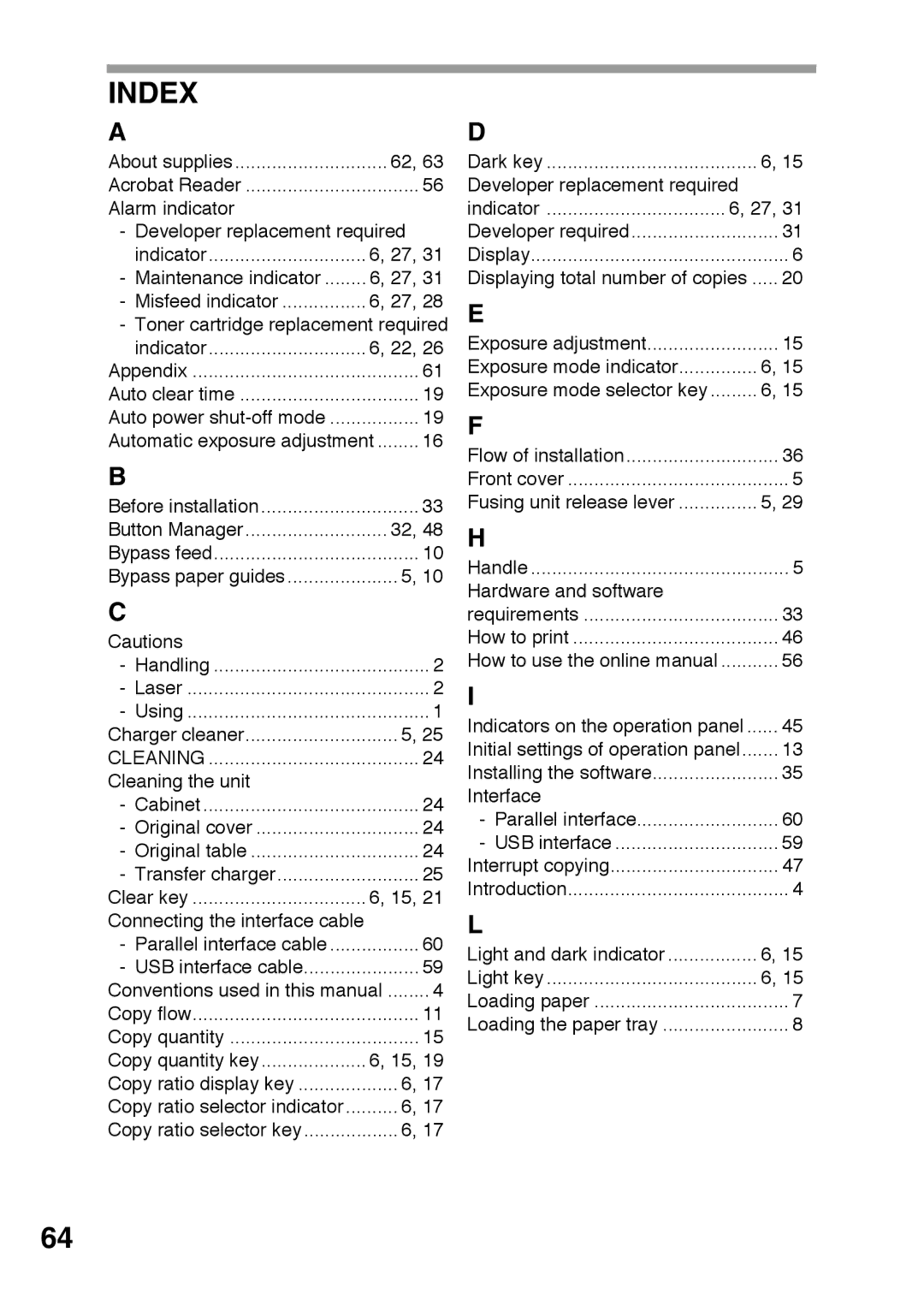 Sharp AR-152E, AR-122E operation manual Index, Clear key 