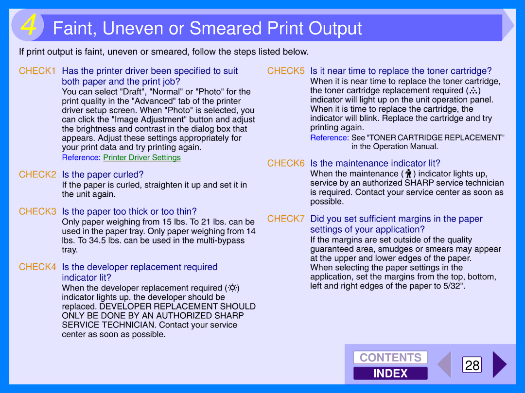 Sharp AR-153E, AR-157E operation manual Faint, Uneven or Smeared Print Output, Contents 28 Index 