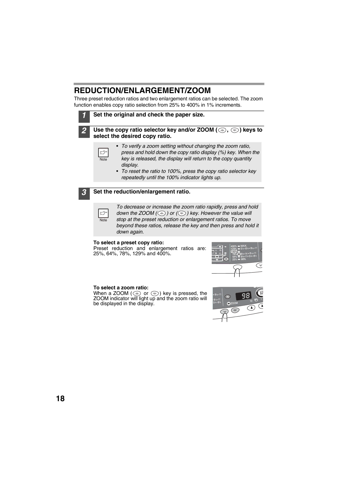 Sharp AR-153E, AR-157E Reduction/Enlargement/Zoom, Set the reduction/enlargement ratio, To select a preset copy ratio 