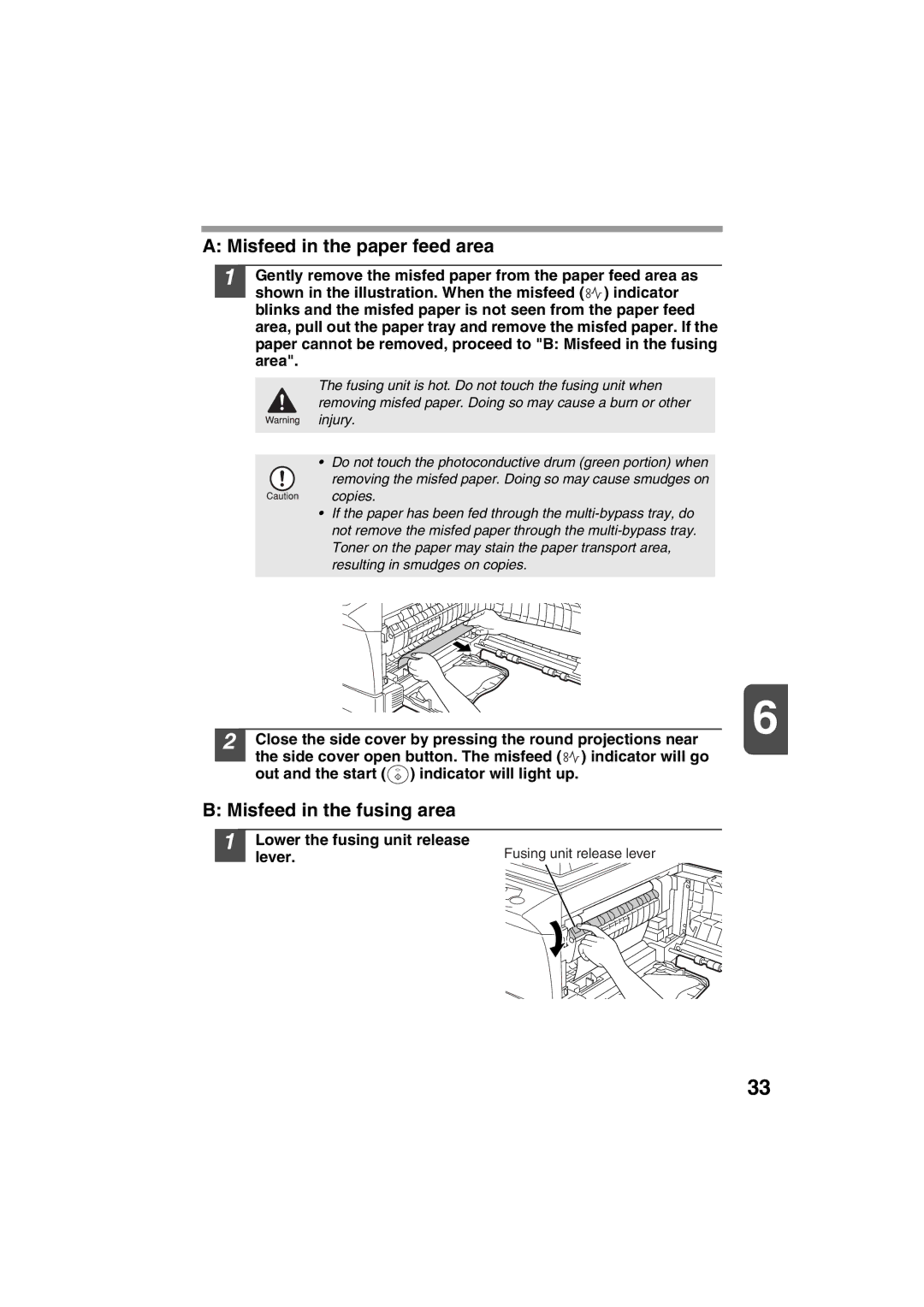 Sharp AR-157E, AR-153E operation manual Misfeed in the paper feed area, Misfeed in the fusing area 