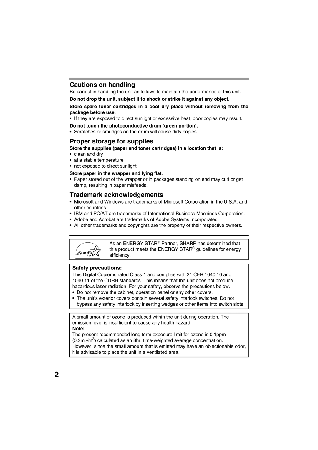 Sharp AR-153E, AR-157E operation manual Proper storage for supplies, Trademark acknowledgements, Safety precautions 