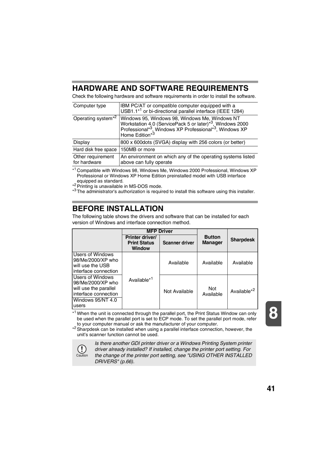 Sharp AR-157E, AR-153E operation manual Hardware and Software Requirements, Before Installation, MFP Driver Button 