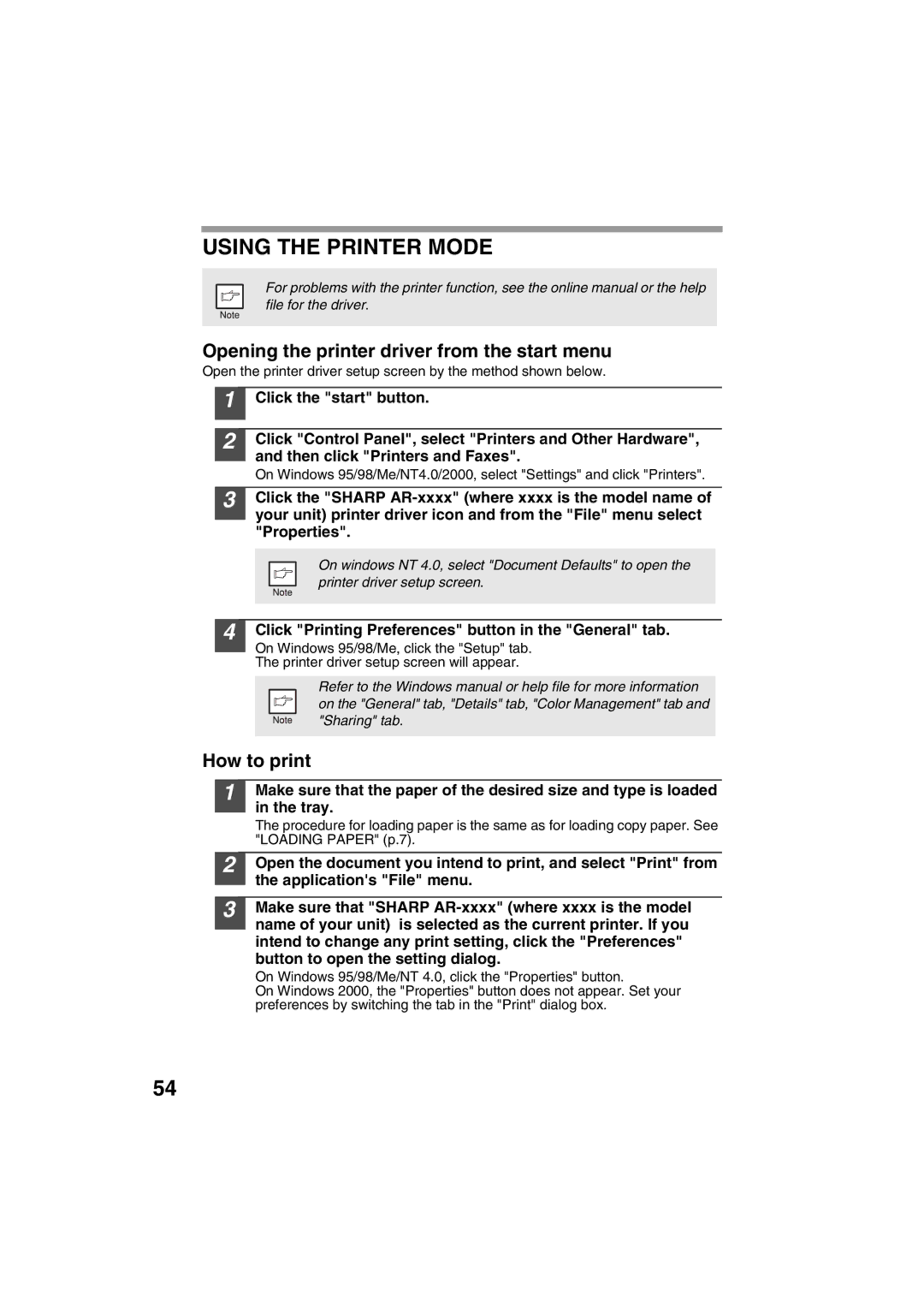 Sharp AR-153E, AR-157E operation manual Using the Printer Mode, Opening the printer driver from the start menu, How to print 