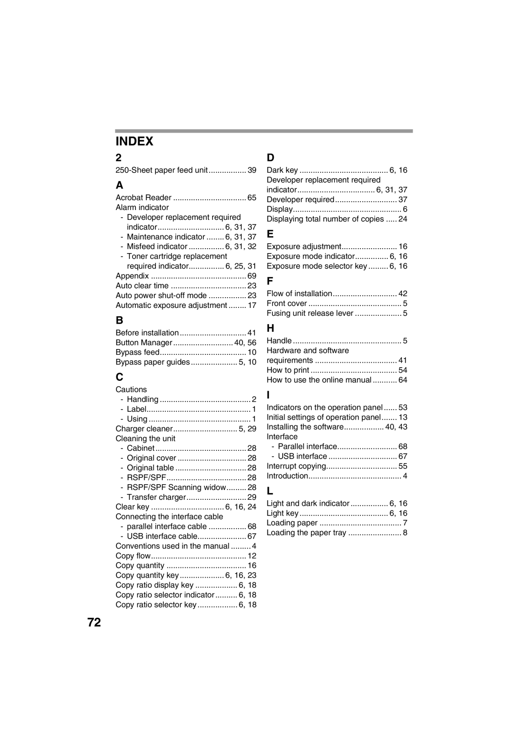 Sharp AR-153E, AR-157E operation manual Index 