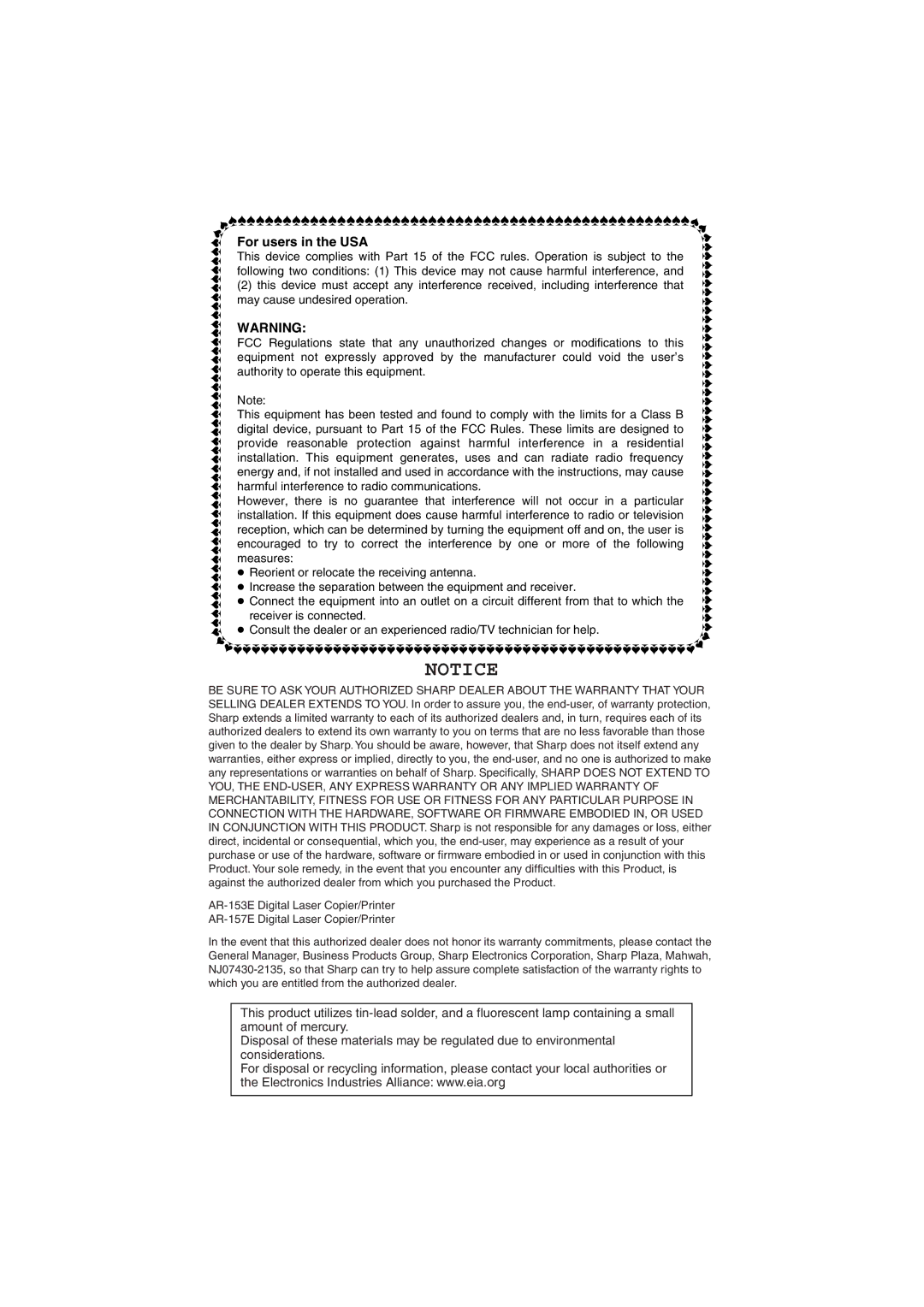 Sharp AR-157E, AR-153E operation manual For users in the USA 