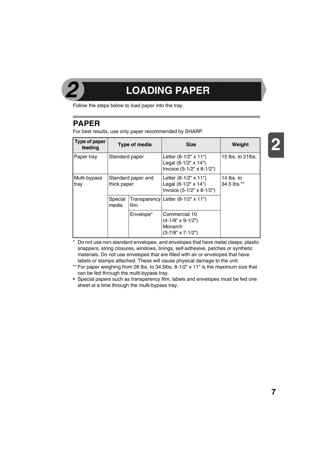 Sharp AR-157E, AR-153E operation manual Paper, Type of paper Type of media Size Weight Feeding 