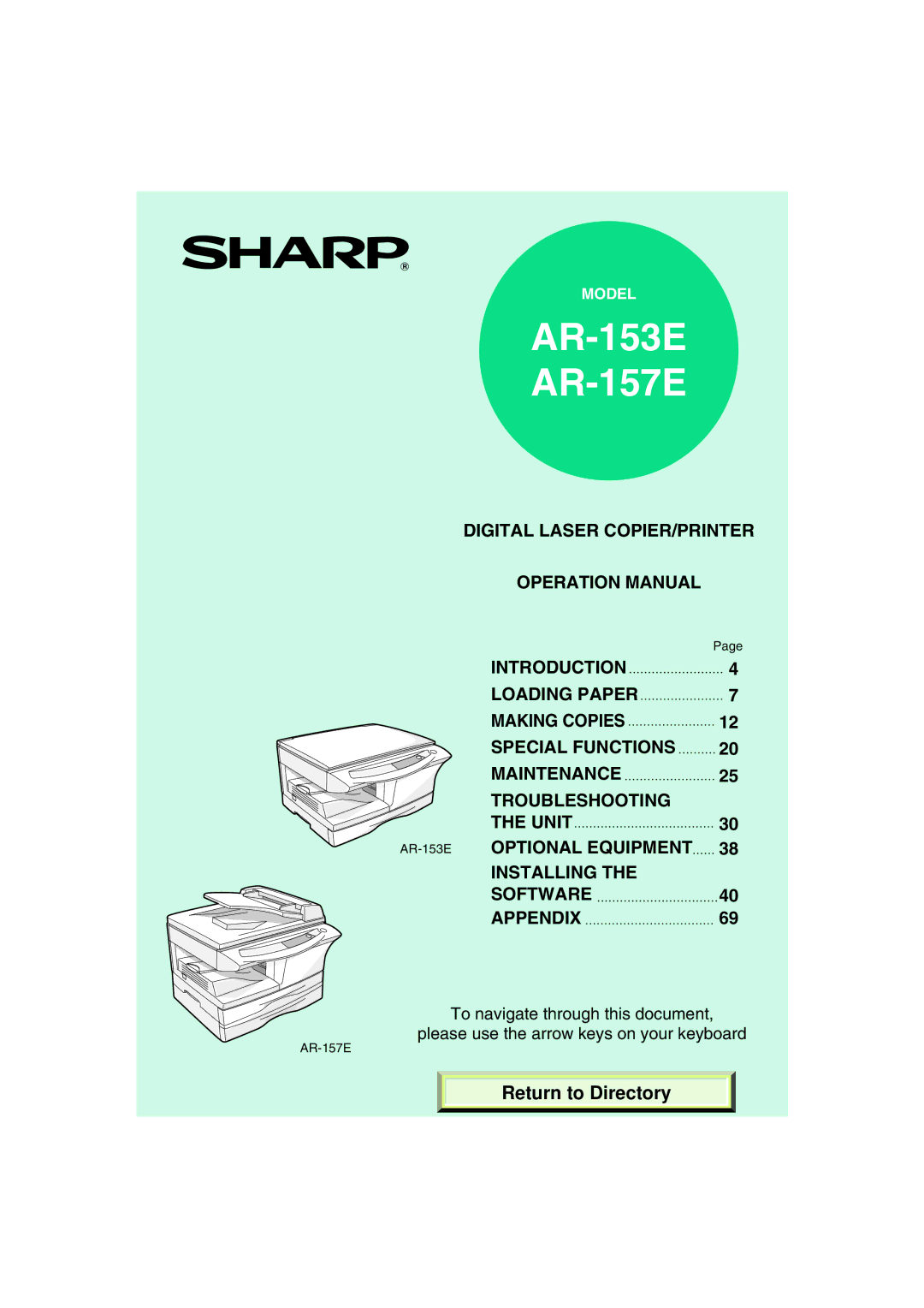 Sharp operation manual AR-153E AR-157E, Return to Directory 