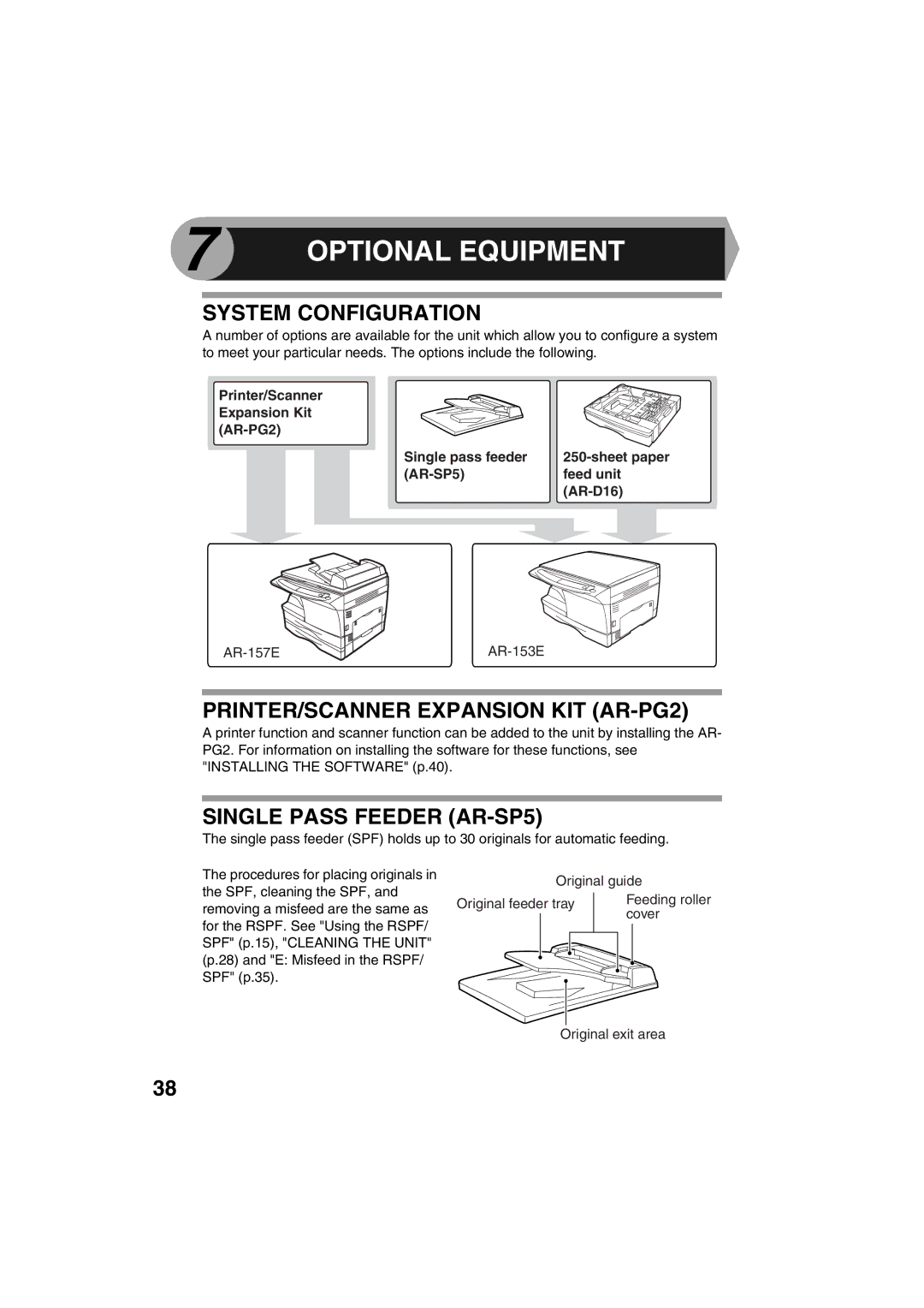 Sharp AR-153E Optional Equipment, System Configuration, PRINTER/SCANNER Expansion KIT AR-PG2, Single Pass Feeder AR-SP5 