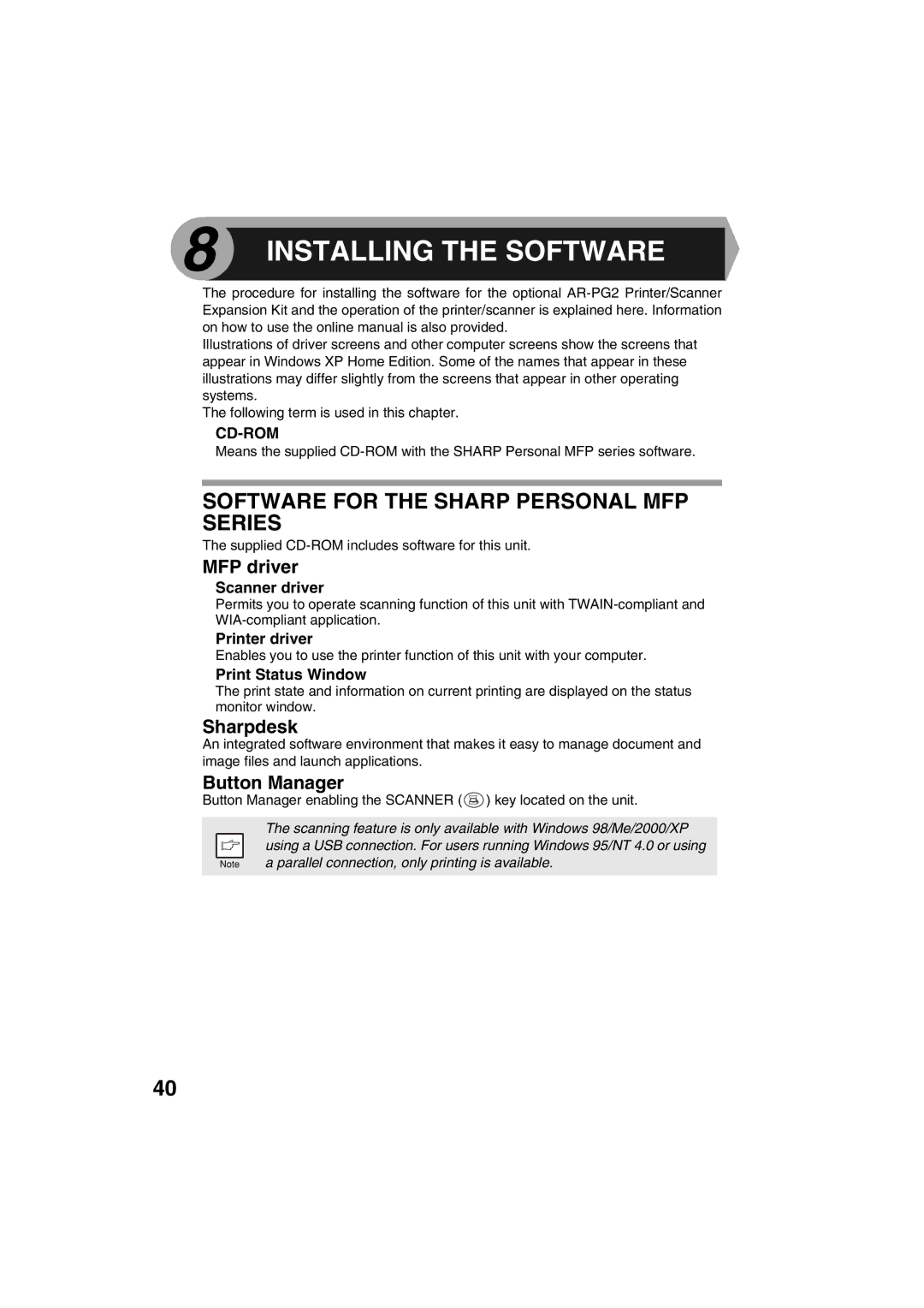 Sharp AR-153E Installing the Software, Software for the Sharp Personal MFP Series, MFP driver, Sharpdesk, Button Manager 