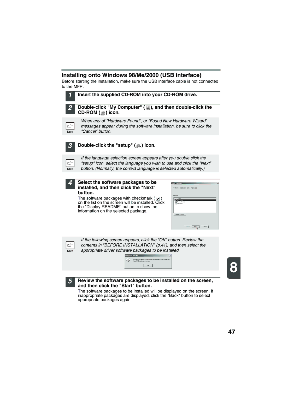 Sharp AR-157E, AR-153E operation manual Installing onto Windows 98/Me/2000 USB interface, Double-click the setup icon 