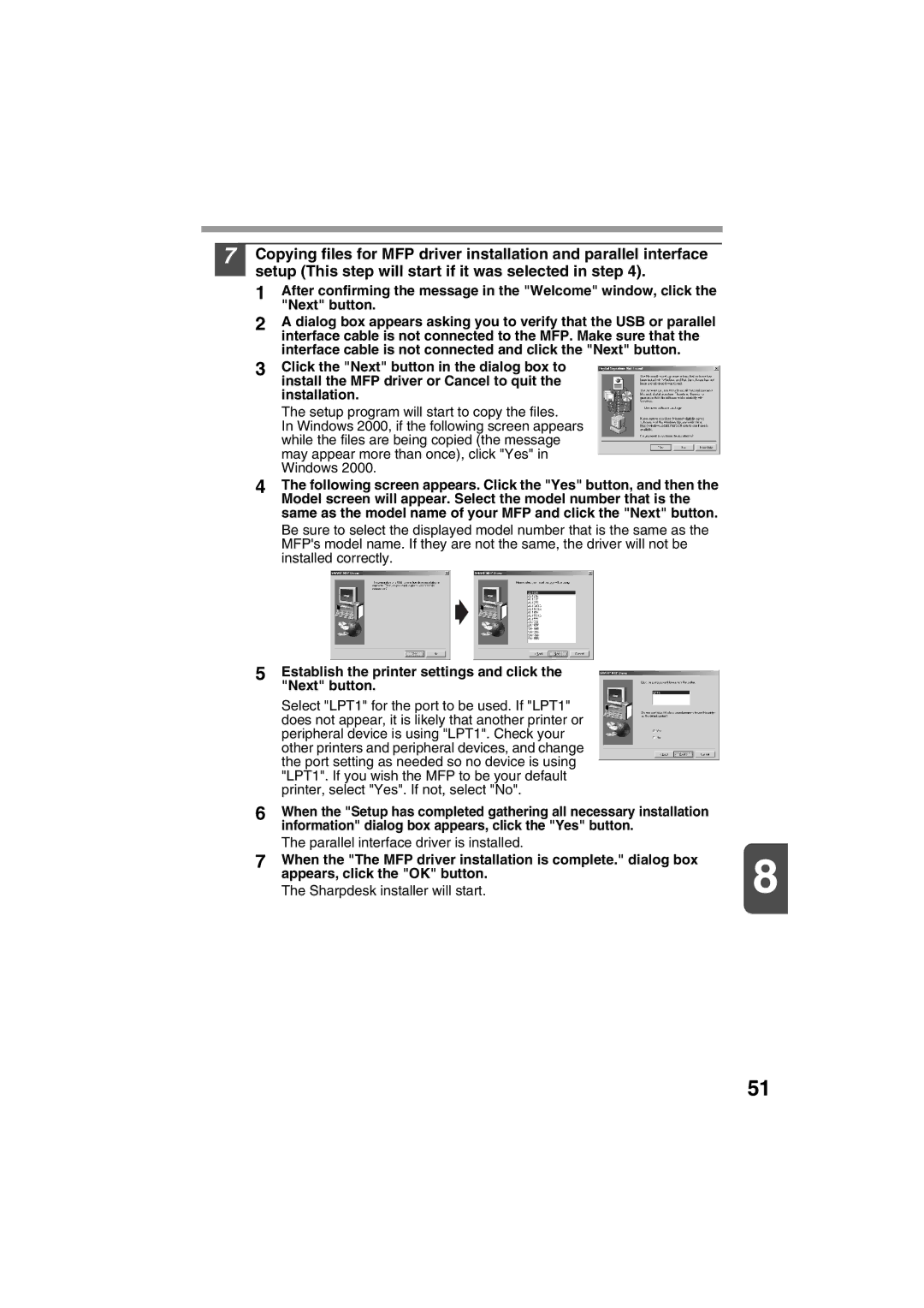 Sharp AR-157E, AR-153E operation manual Establish the printer settings and click the Next button 