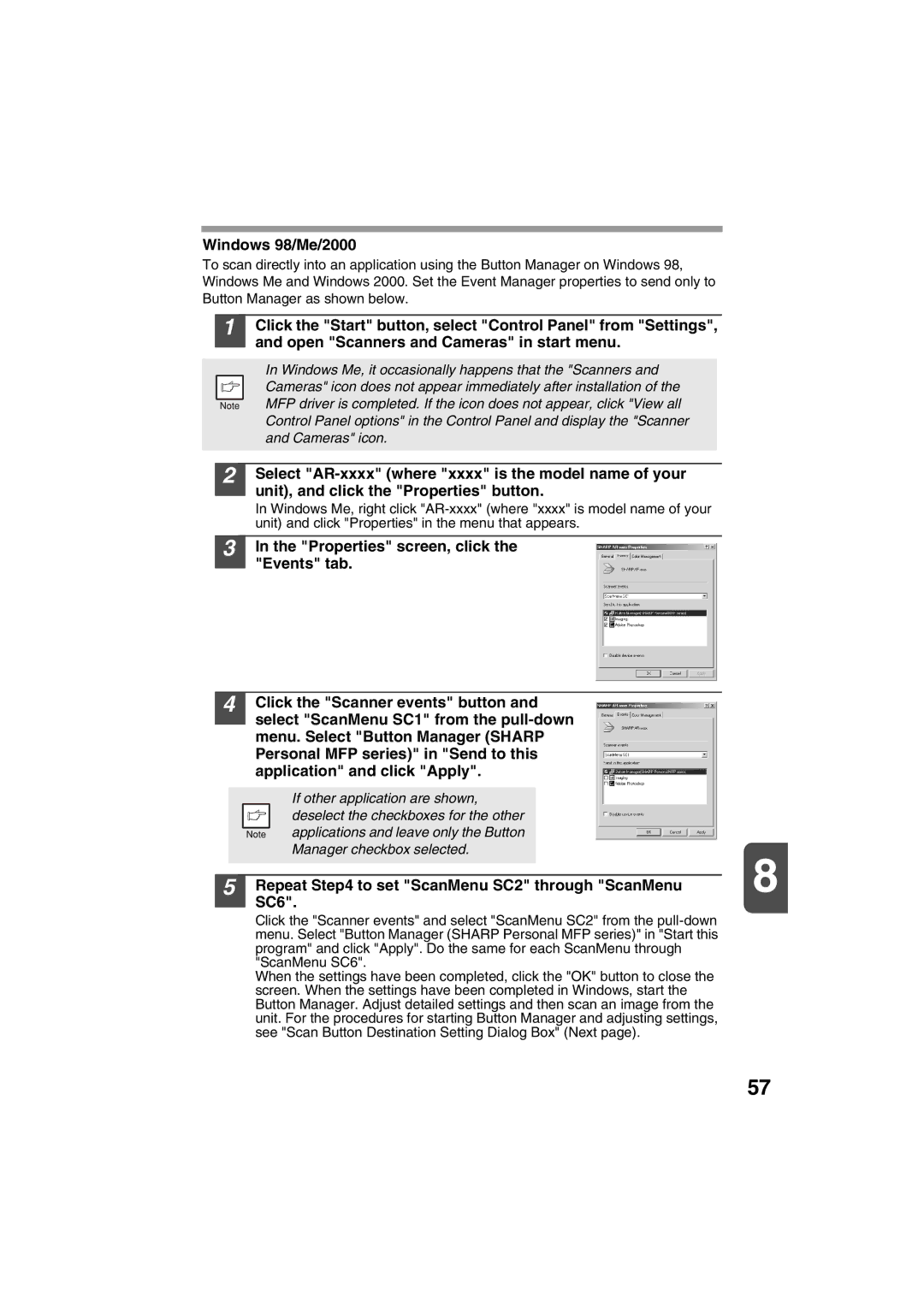 Sharp AR-157E, AR-153E operation manual Windows 98/Me/2000, Repeat to set ScanMenu SC2 through ScanMenu, SC6 