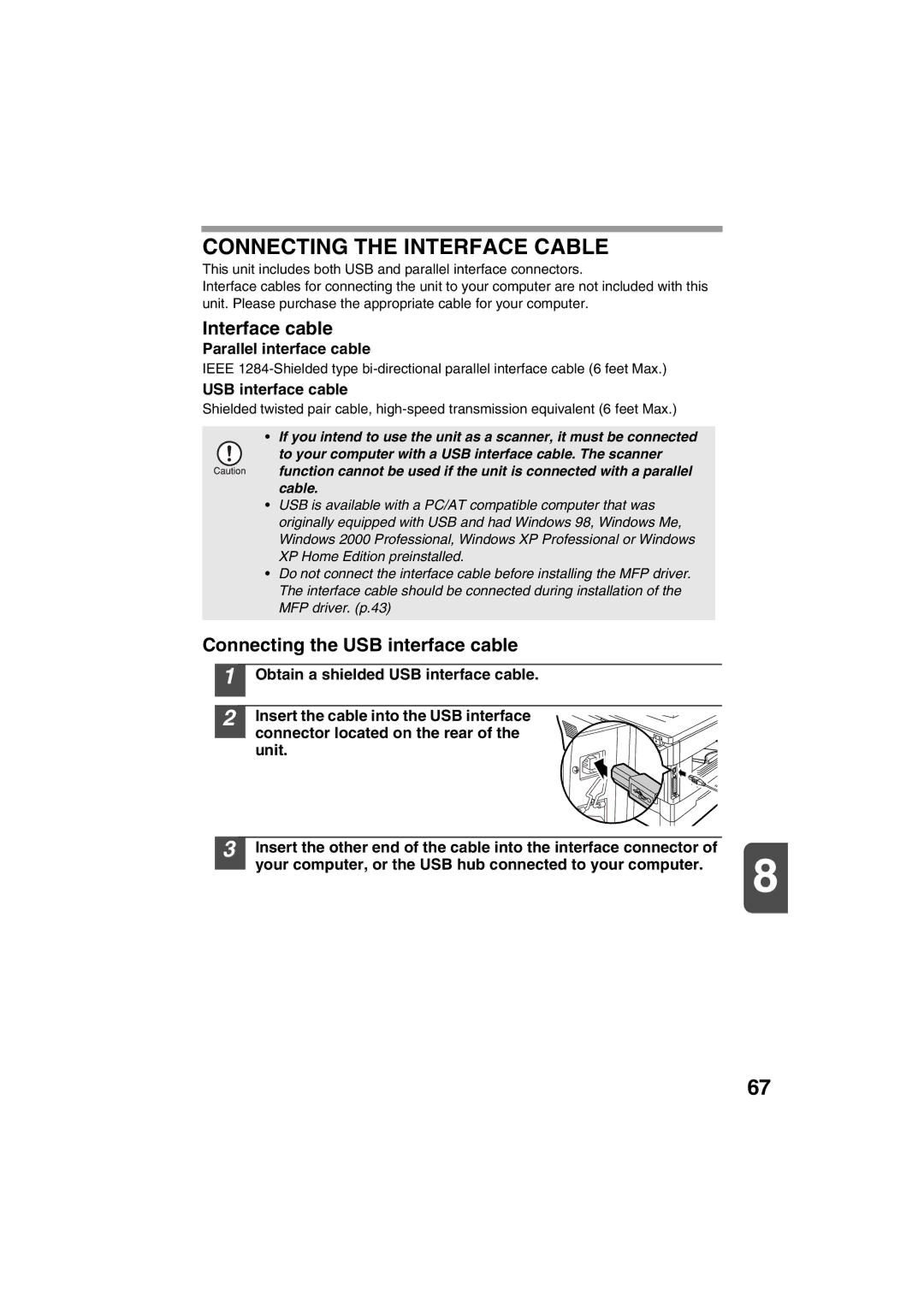 Sharp AR-157E, AR-153E operation manual Connecting the Interface Cable, Interface cable, Connecting the USB interface cable 