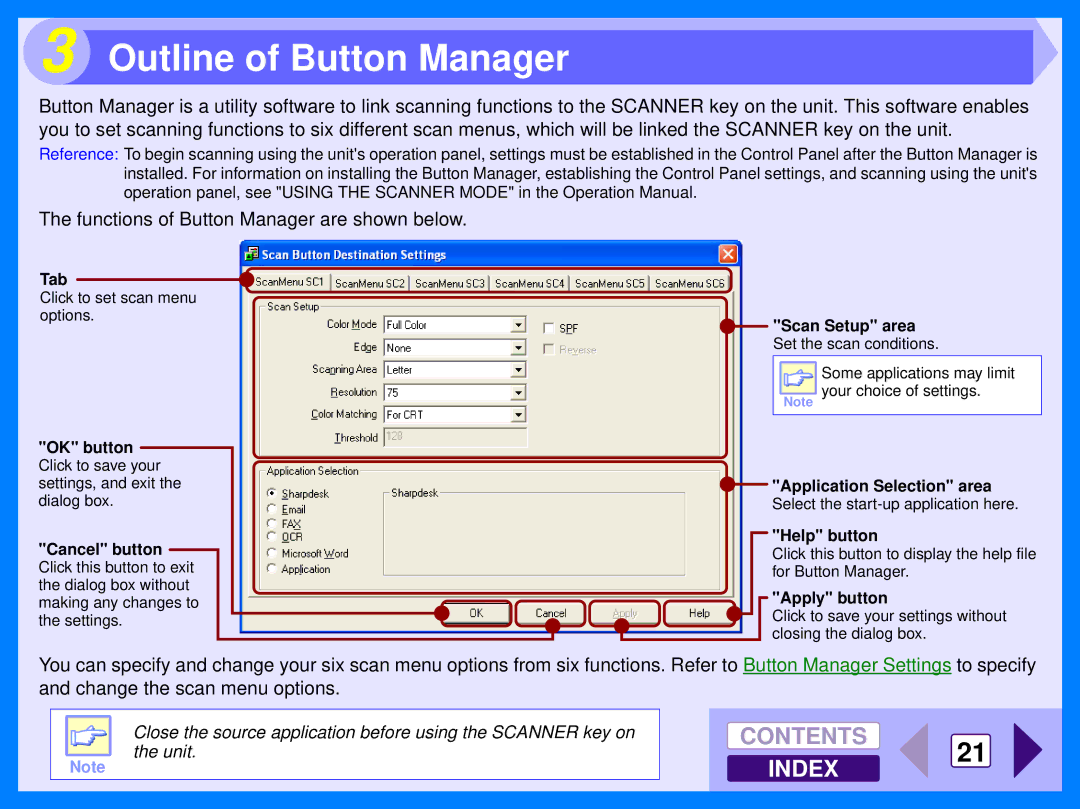 Sharp AR-157E, AR-153E operation manual Outline of Button Manager, Scan Setup area, Application Selection area 