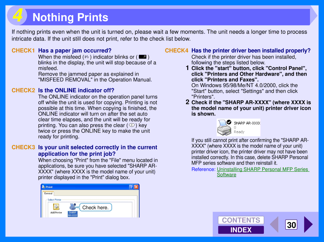 Sharp AR-153E, AR-157E operation manual Nothing Prints, CHECK1 Has a paper jam occurred? 