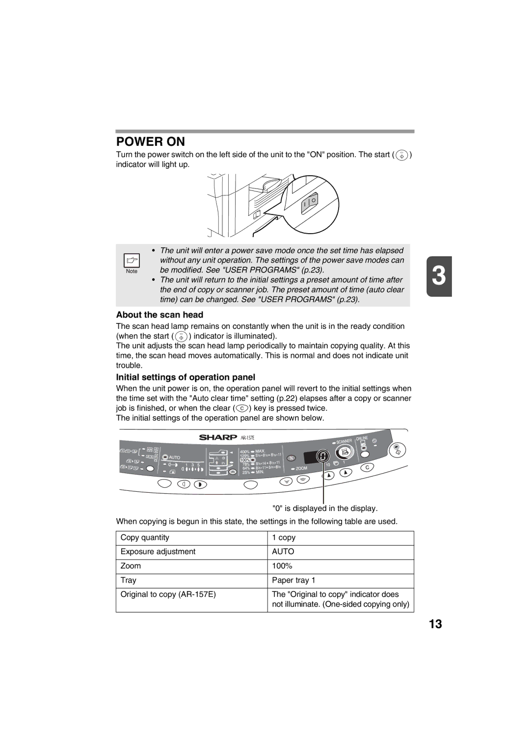 Sharp AR-157E, AR-153E operation manual Power on, About the scan head, Initial settings of operation panel 