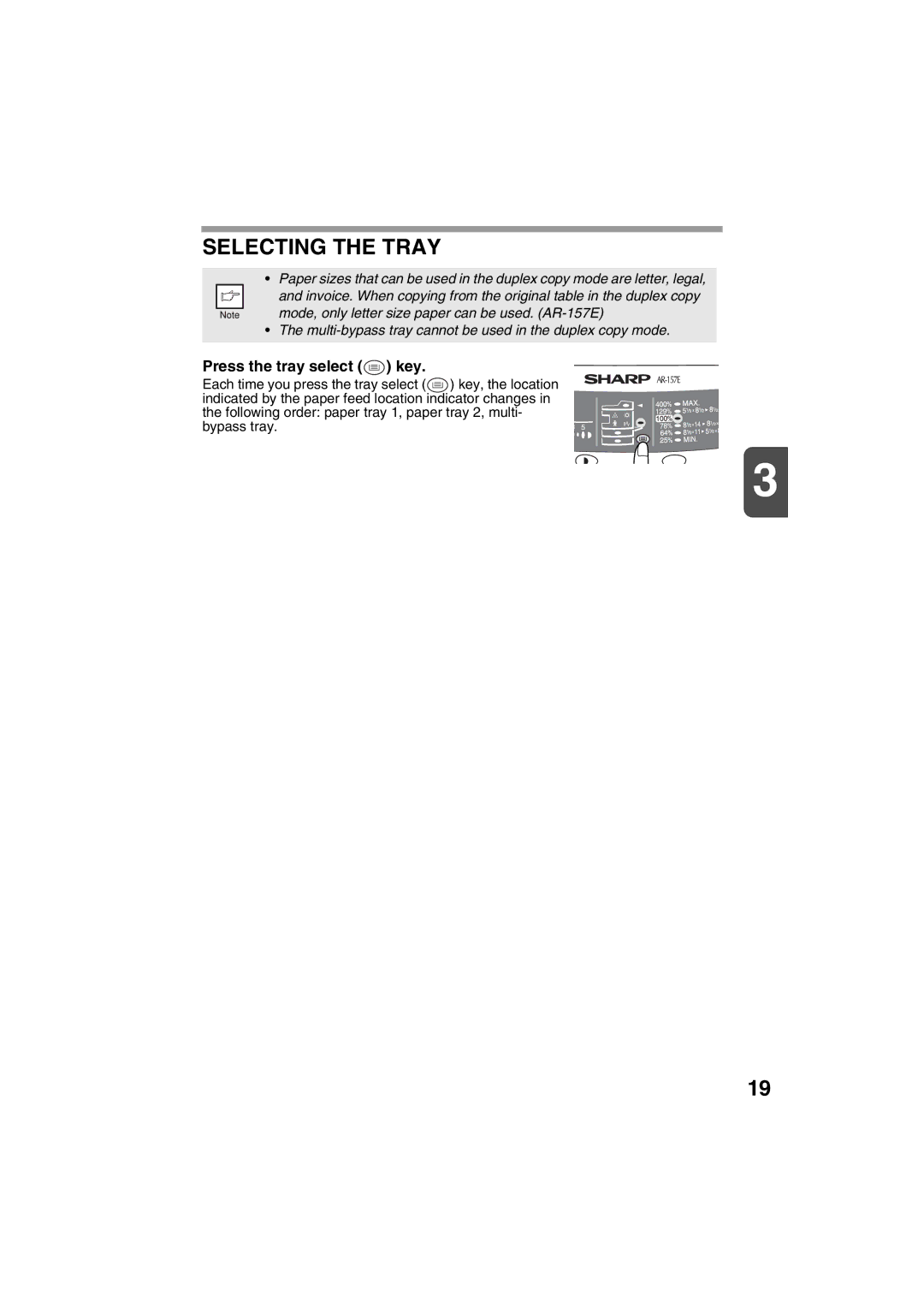 Sharp AR-157E, AR-153E operation manual Selecting the Tray, Press the tray select key 